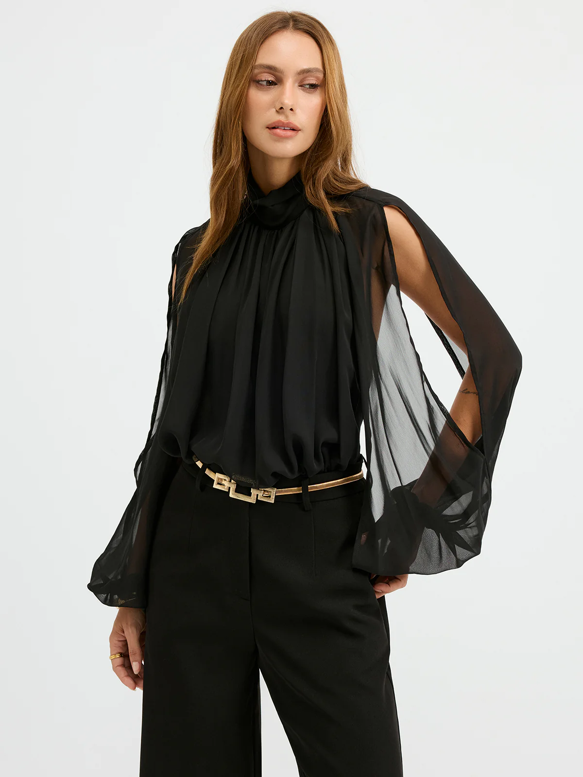 Sheer Chiffon Mock Neck Backless Blouse - Wholesalesil