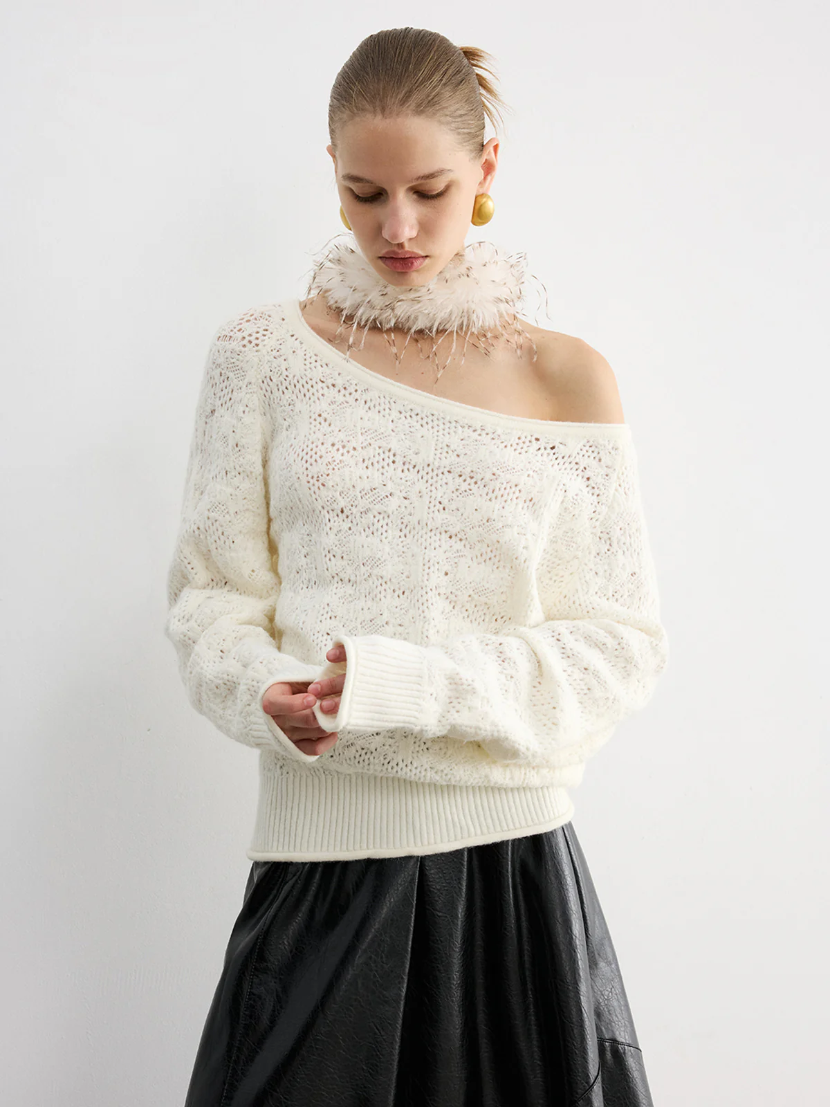 Off-Shoulder Open-Knit Sweater - Wholesalesil