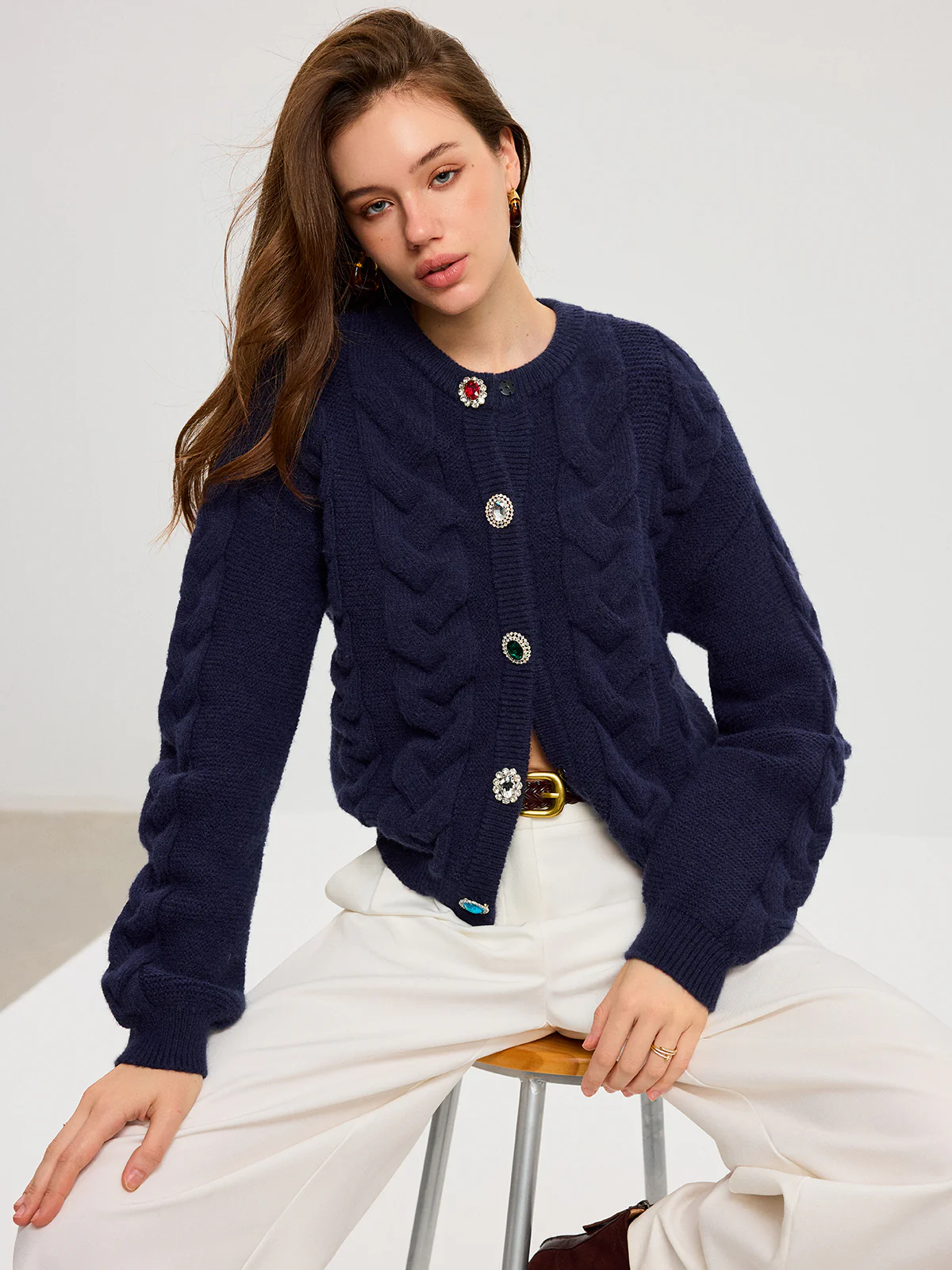 Cable Knit Rhinestone Button Cardigan - Wholesalesil