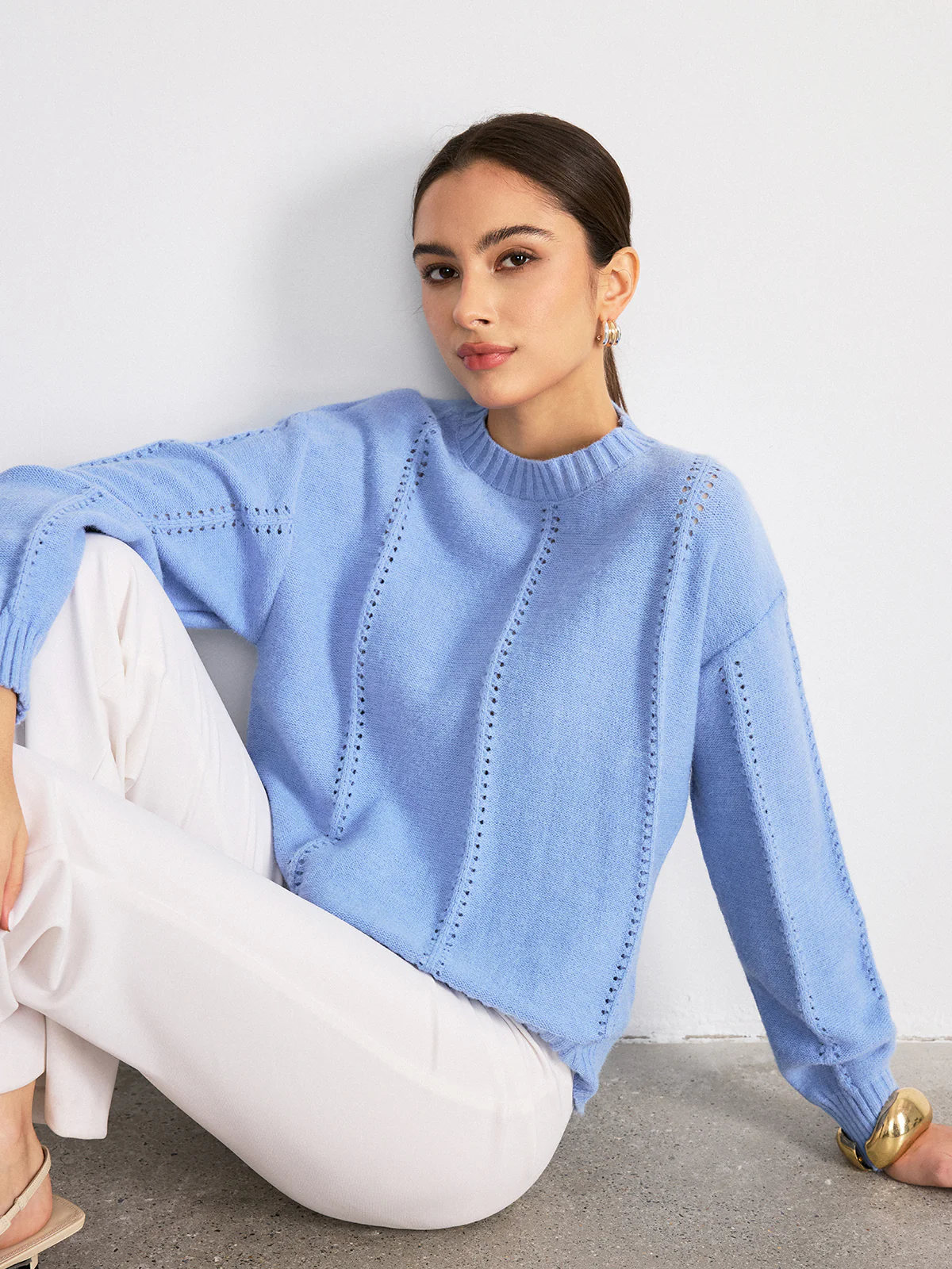 Eyelet Detail Crew Neck Sweater - Wholesalesil