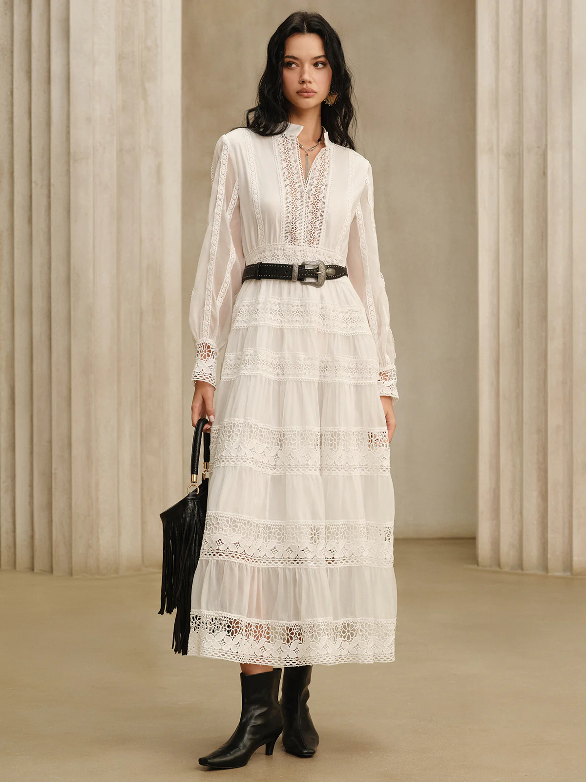 Semi-Sheer Lace Panel Maxi Dress without Belt - Wholesalesil