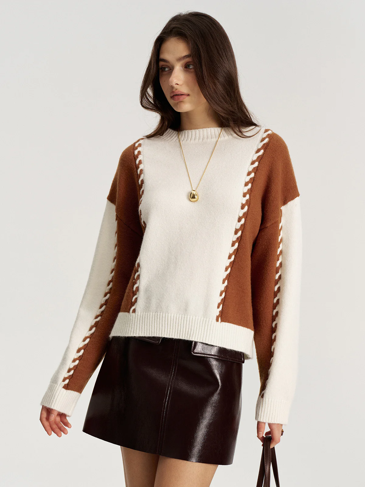 Braided Trim Two-Tone Sweater - Wholesalesil
