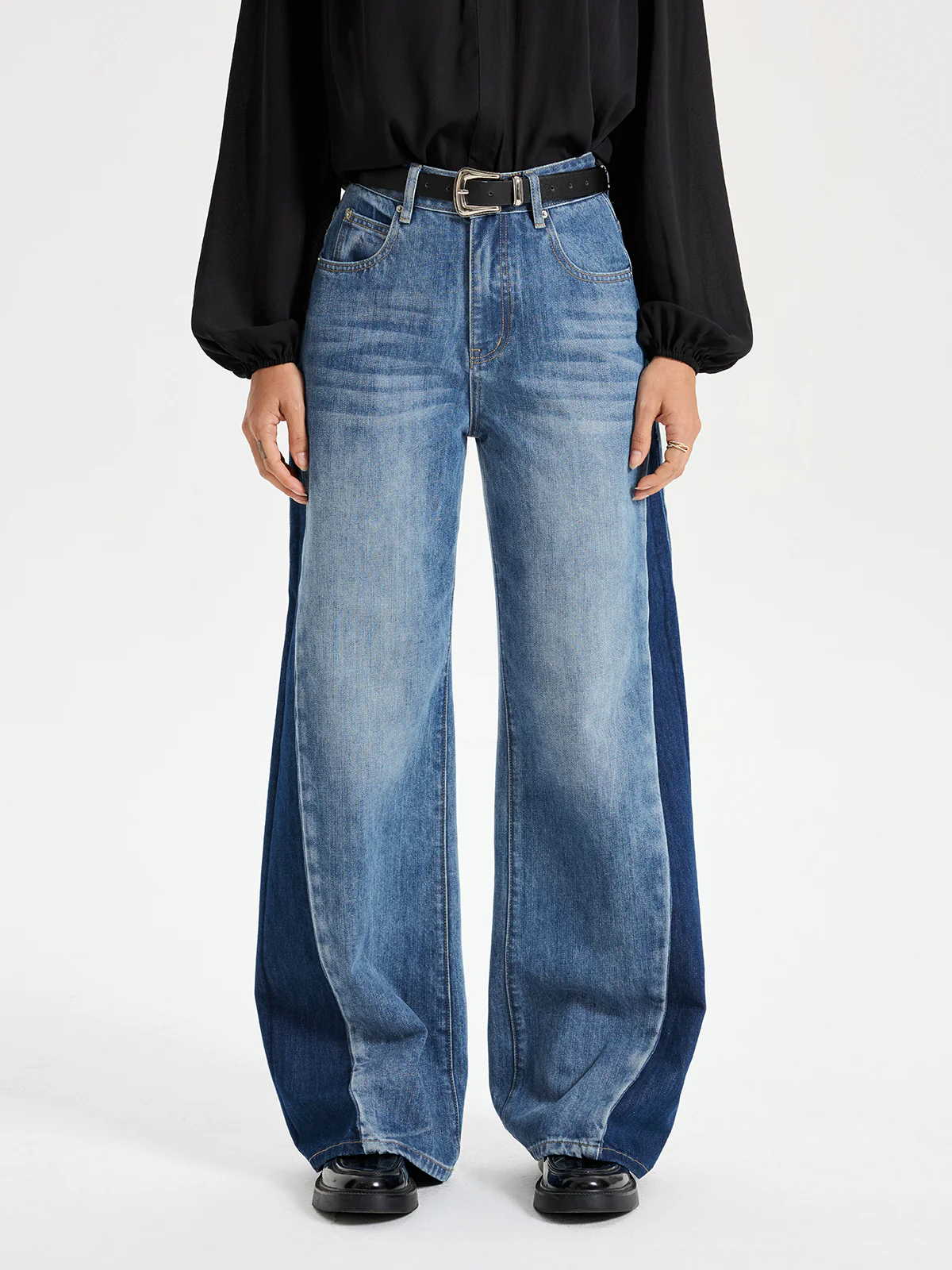 Two Tone Wide Leg Barrel Jeans - Wholesalesil