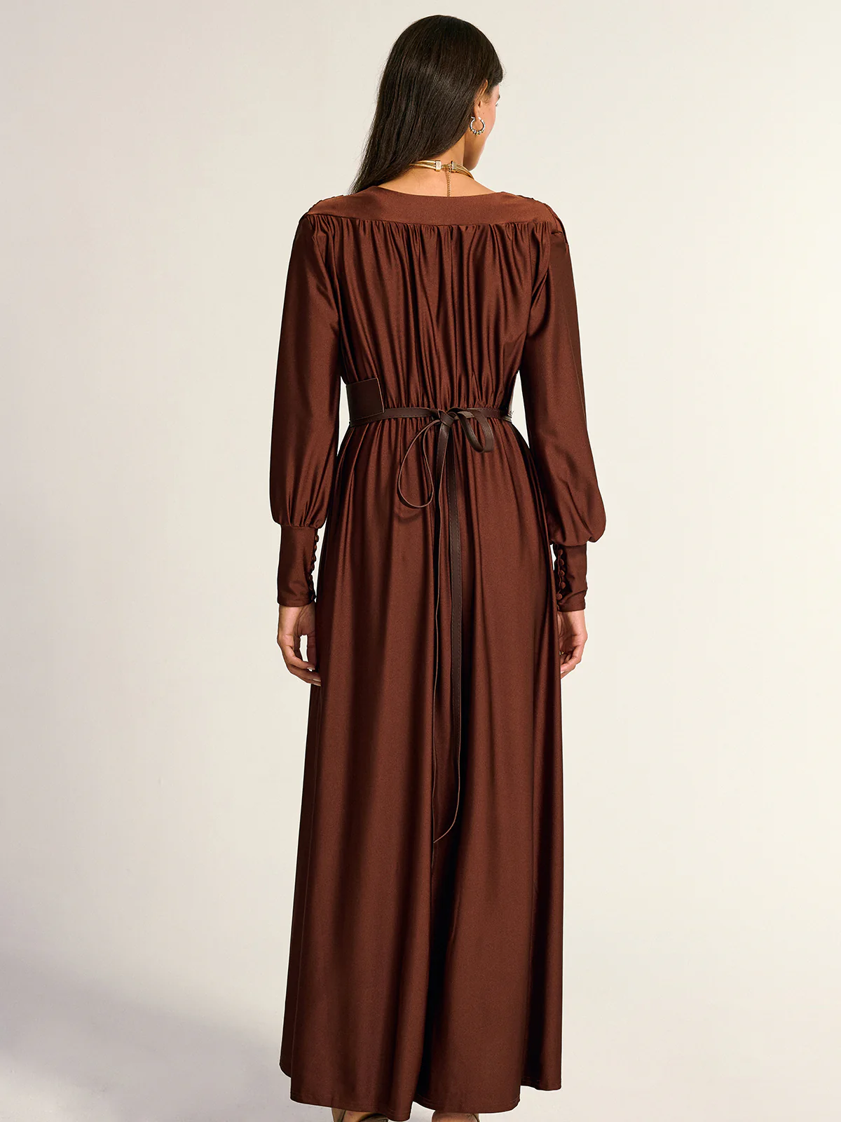 Wide Belted Long Sleeve V-Neck Maxi Dress - Wholesalesil