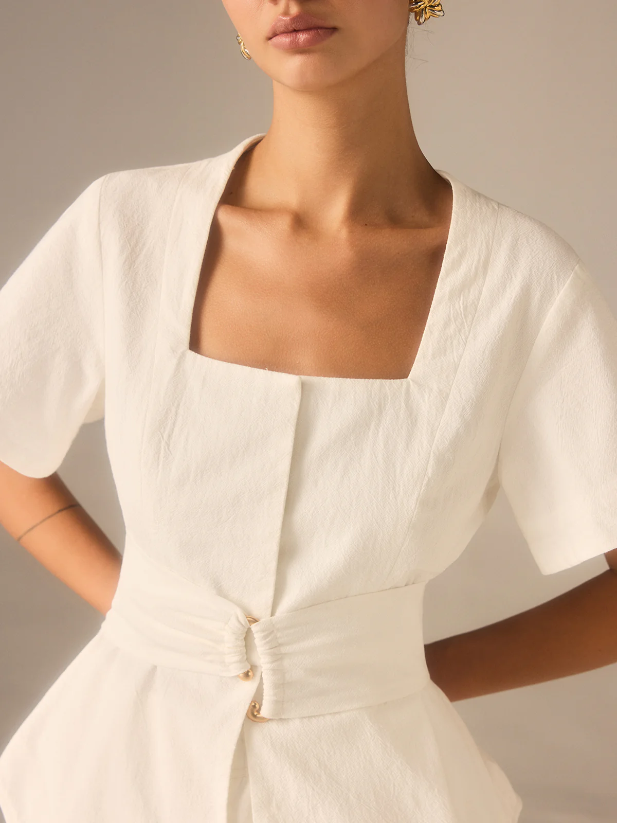 Cotton Square Neckline Top with Belted Waist - Wholesalesil