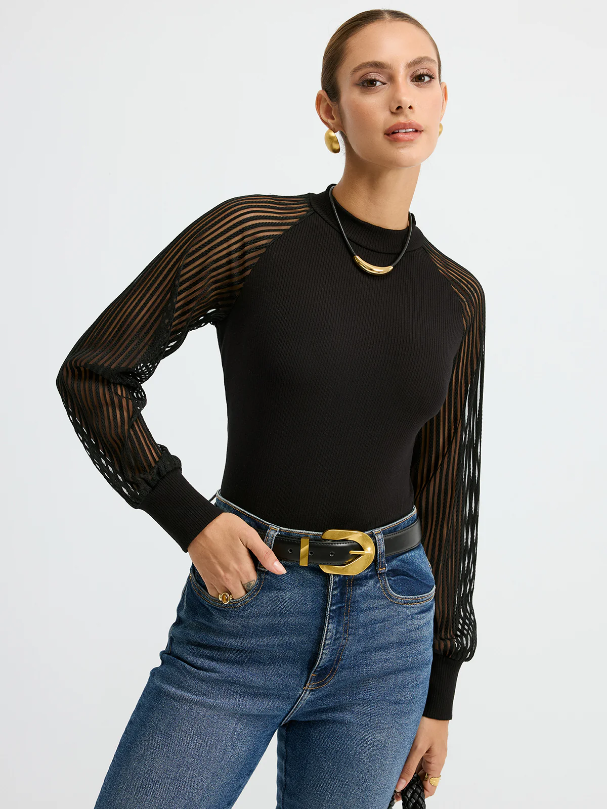 Mock Neck Mesh-Sleeve T-Shirt - Wholesalesil