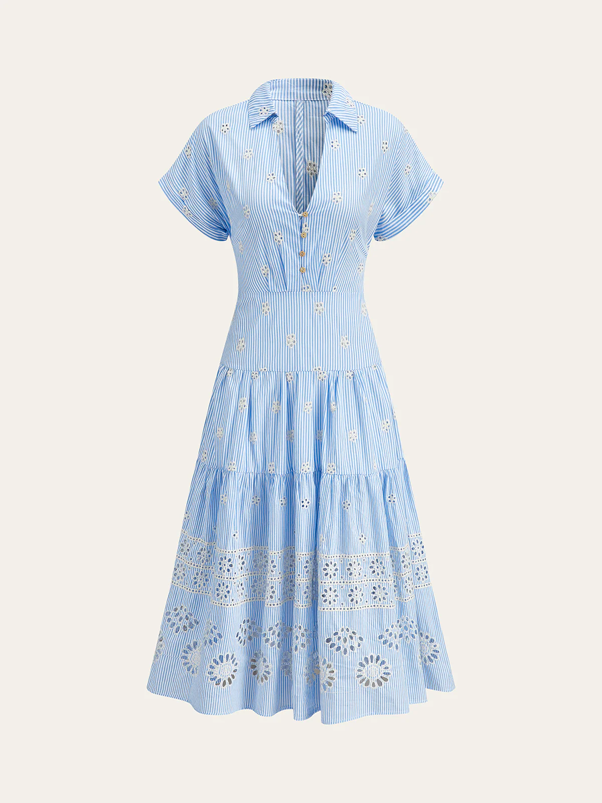 Short-Sleeve Embroidered Floral Striped Dress - Wholesalesil