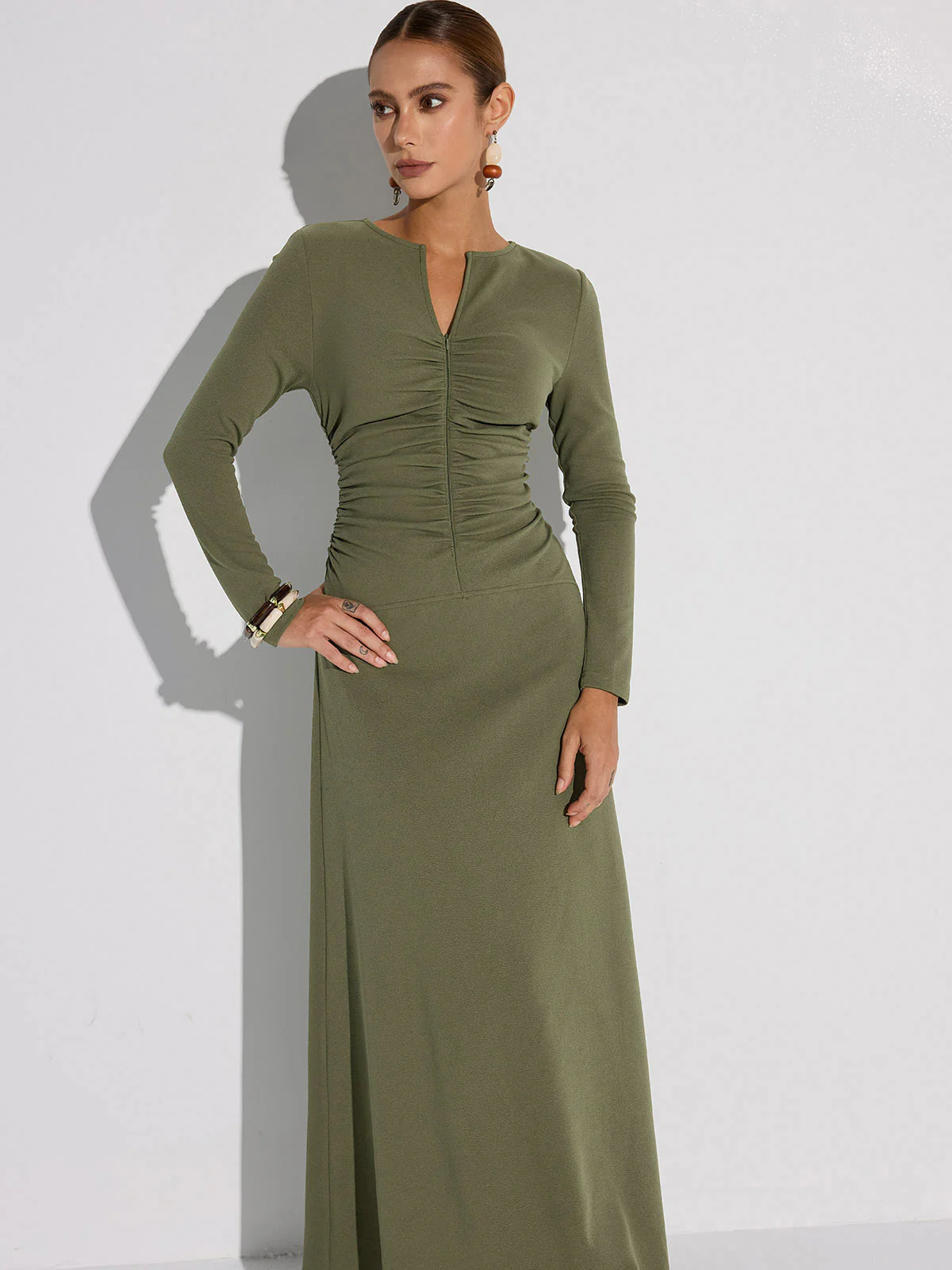 Zipper-Front Ruched Maxi Dress - Wholesalesil