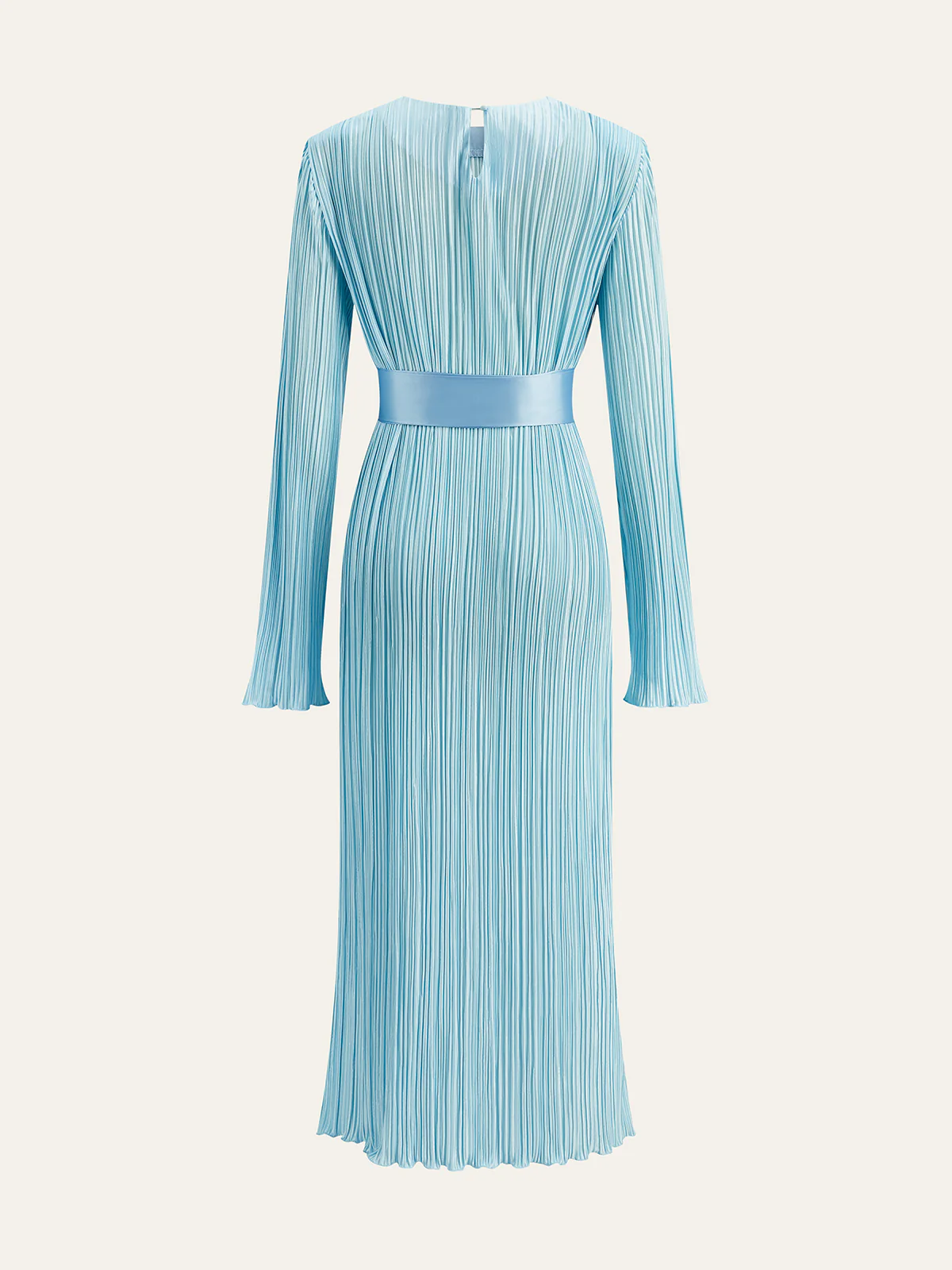 Semi-Sheer Belted Pleated Long-Sleeve Midi Dress - Wholesalesil