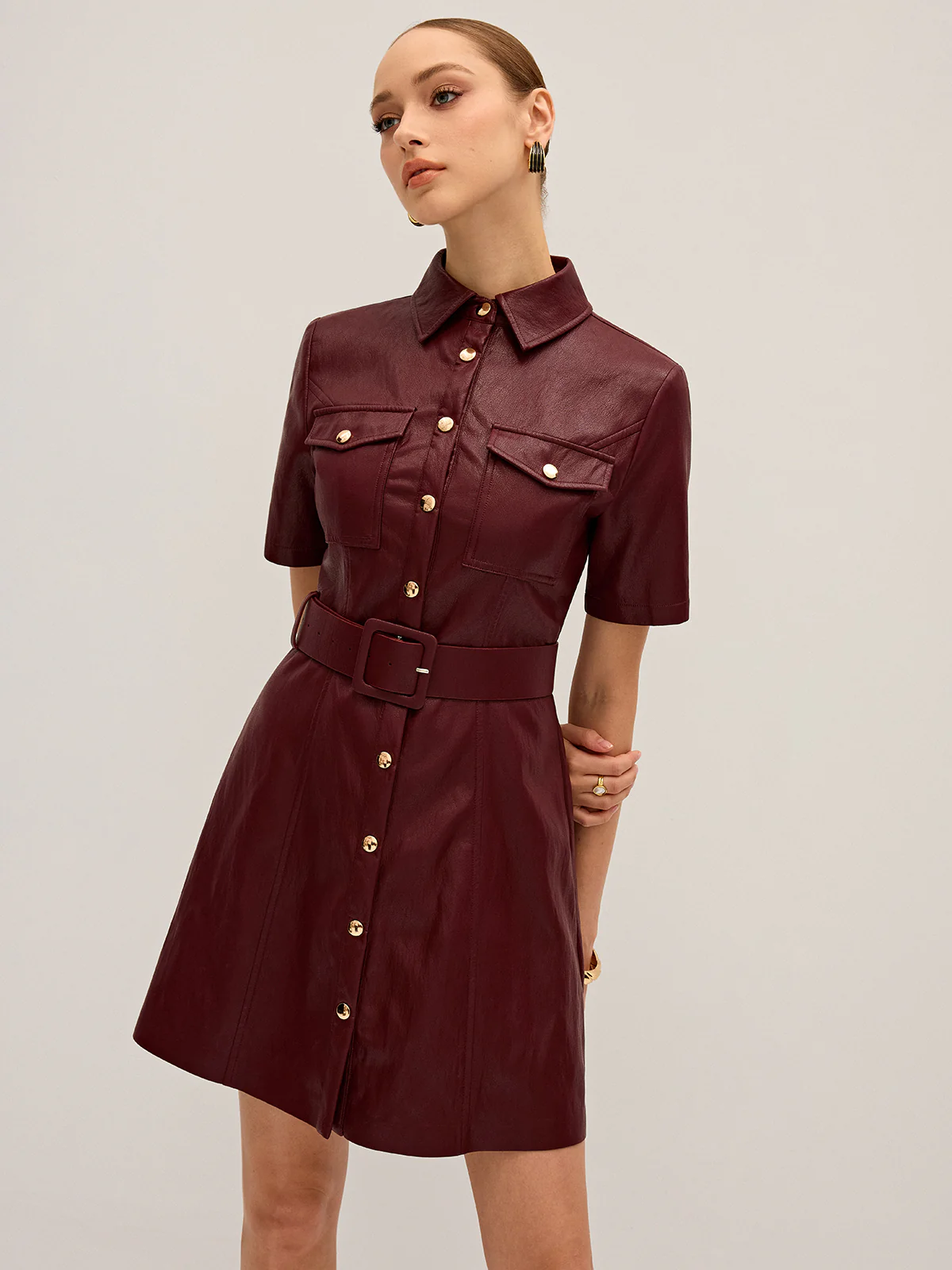 Shirt Collar Belted PU Leather Mini Dress - Wholesalesil