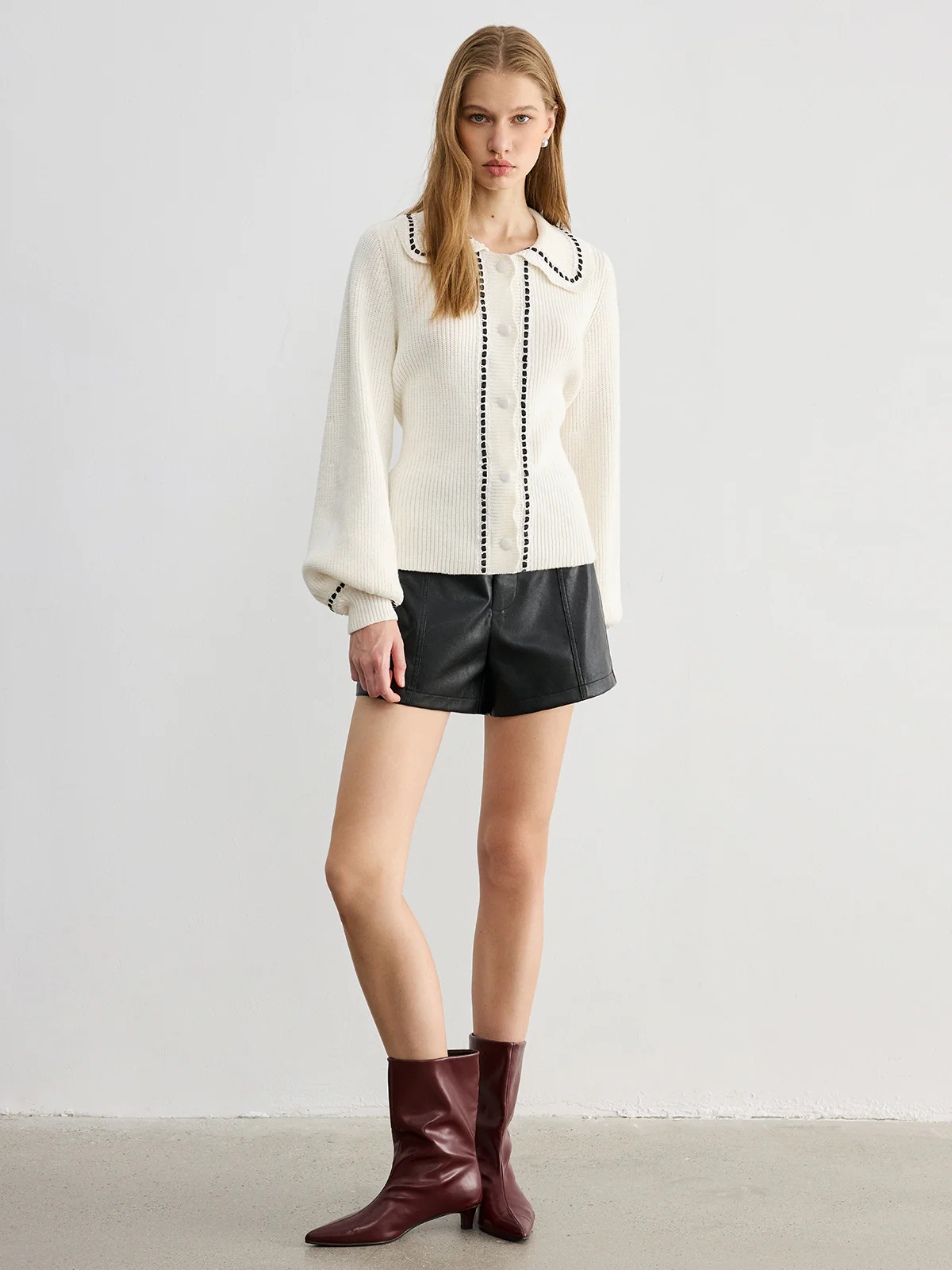 Back Bow Contrast Trim Collared Cardigan - Wholesalesil