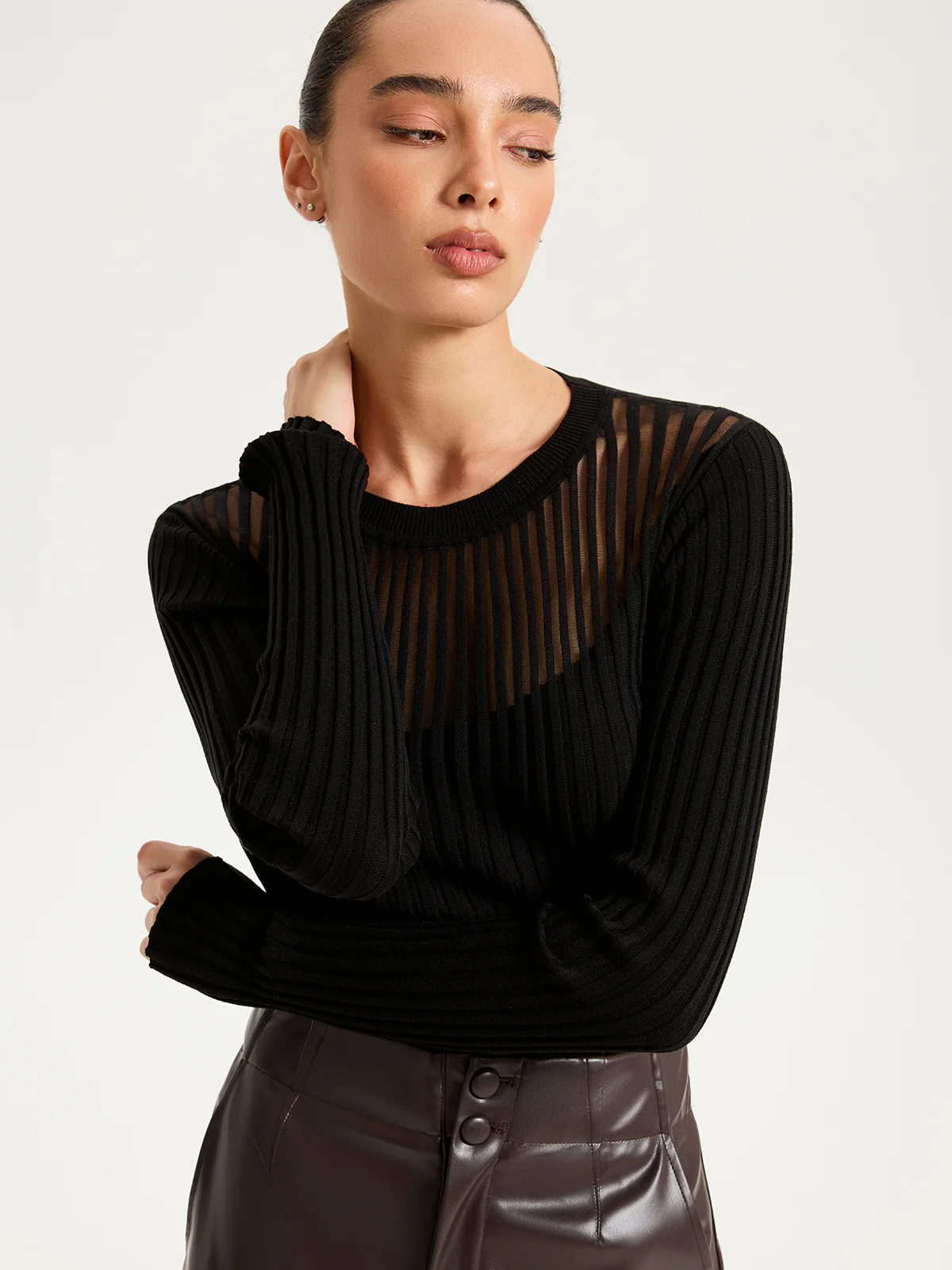 Sheer Panel Ribbed Knit Top - Wholesalesil