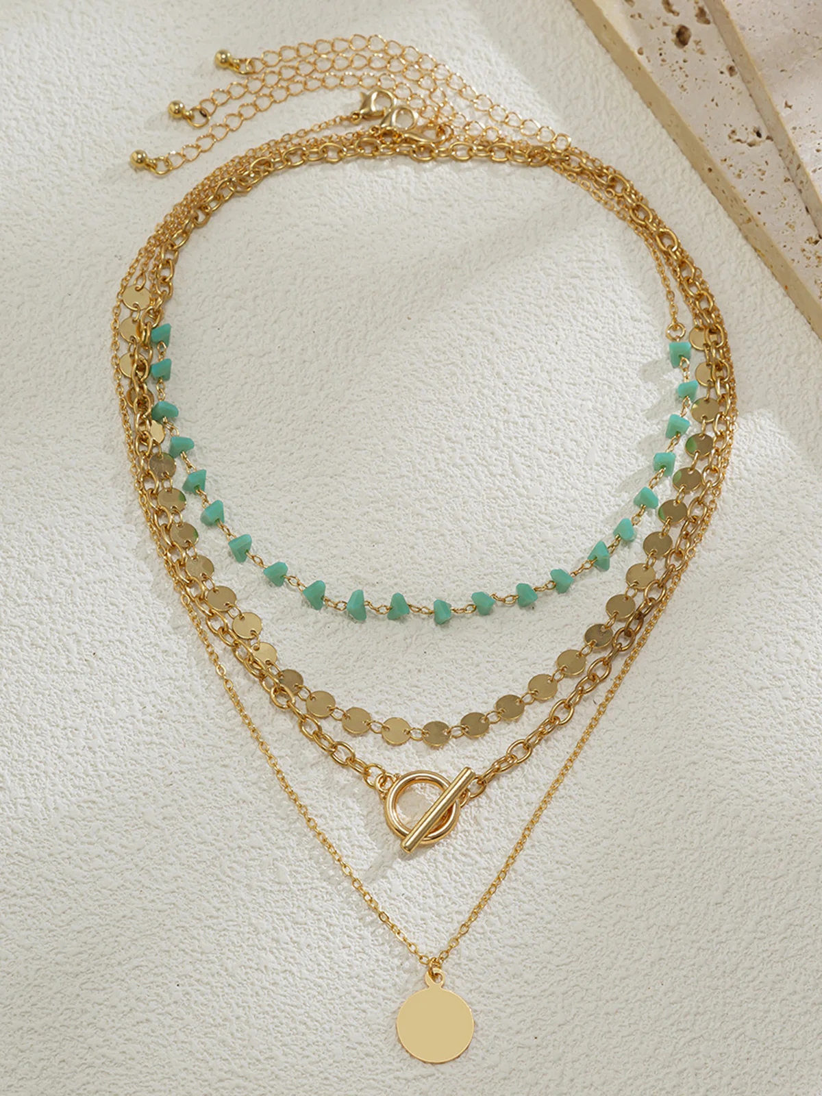 Layered Gold-Chain Necklace With Turquoise Beads And Circular Pendant - Wholesalesil