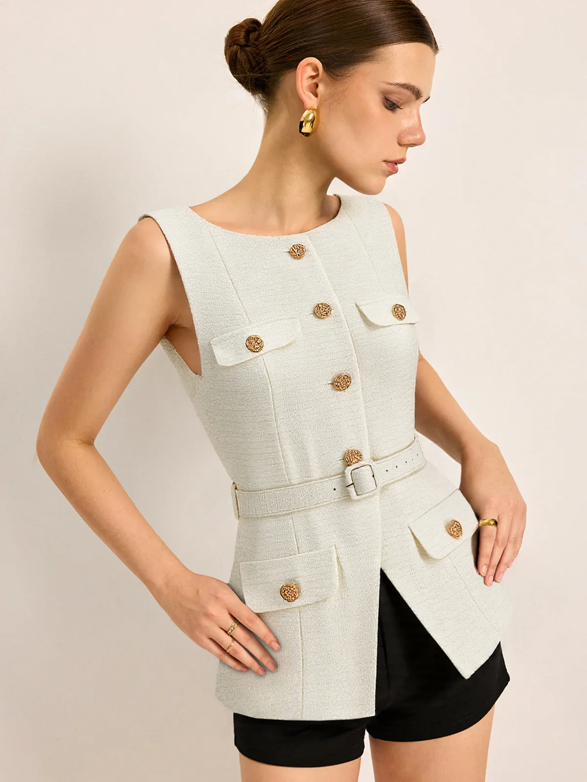 Belted Metal Button Sleeveless Vest - Wholesalesil