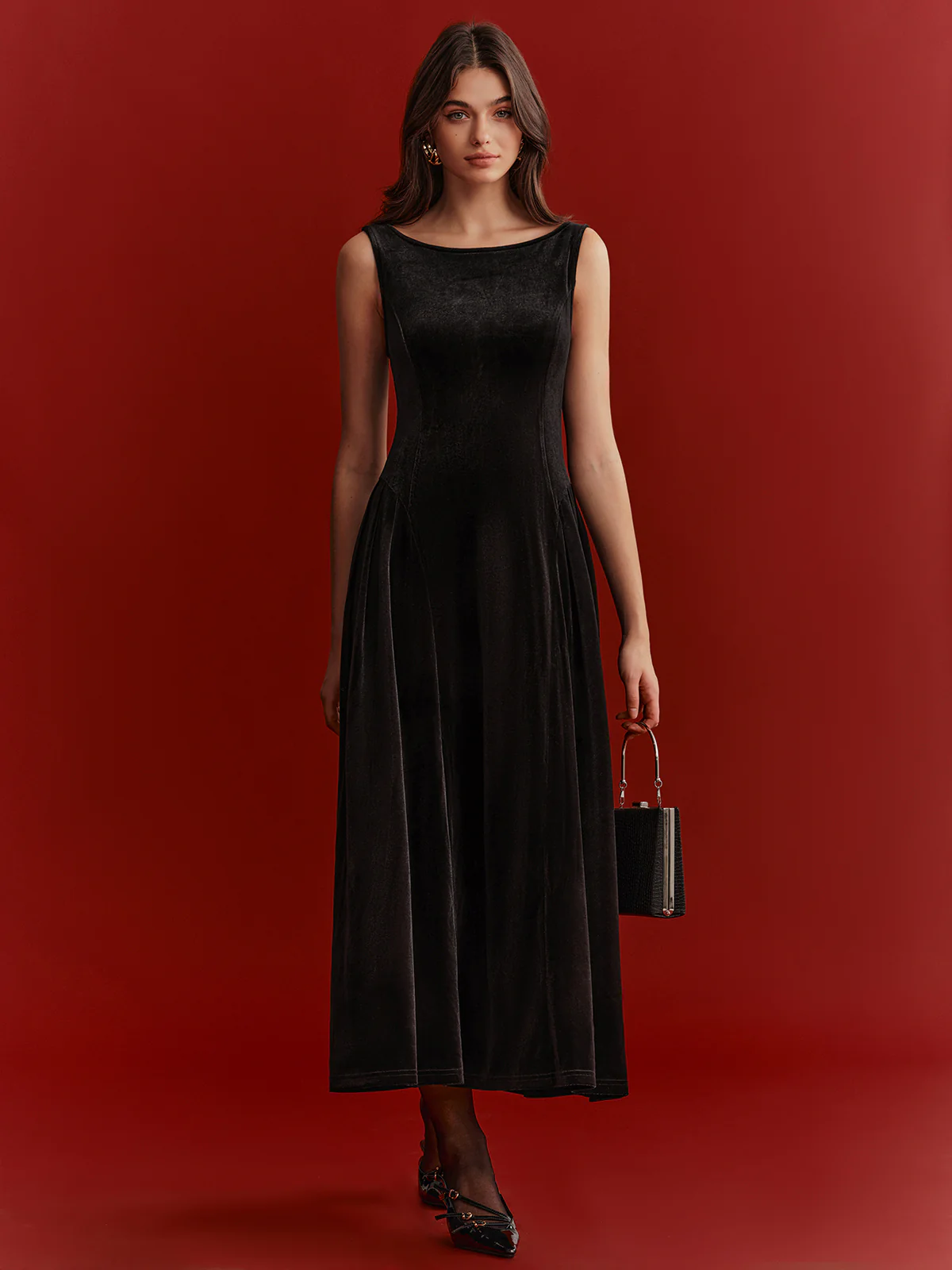 Mesh Back Bow Detail Velvet Maxi Dress - Wholesalesil
