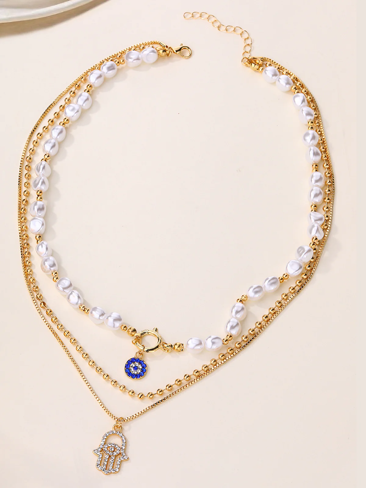 Pearl & Hamsa Hand Multi-Layer Necklace Set - Wholesalesil