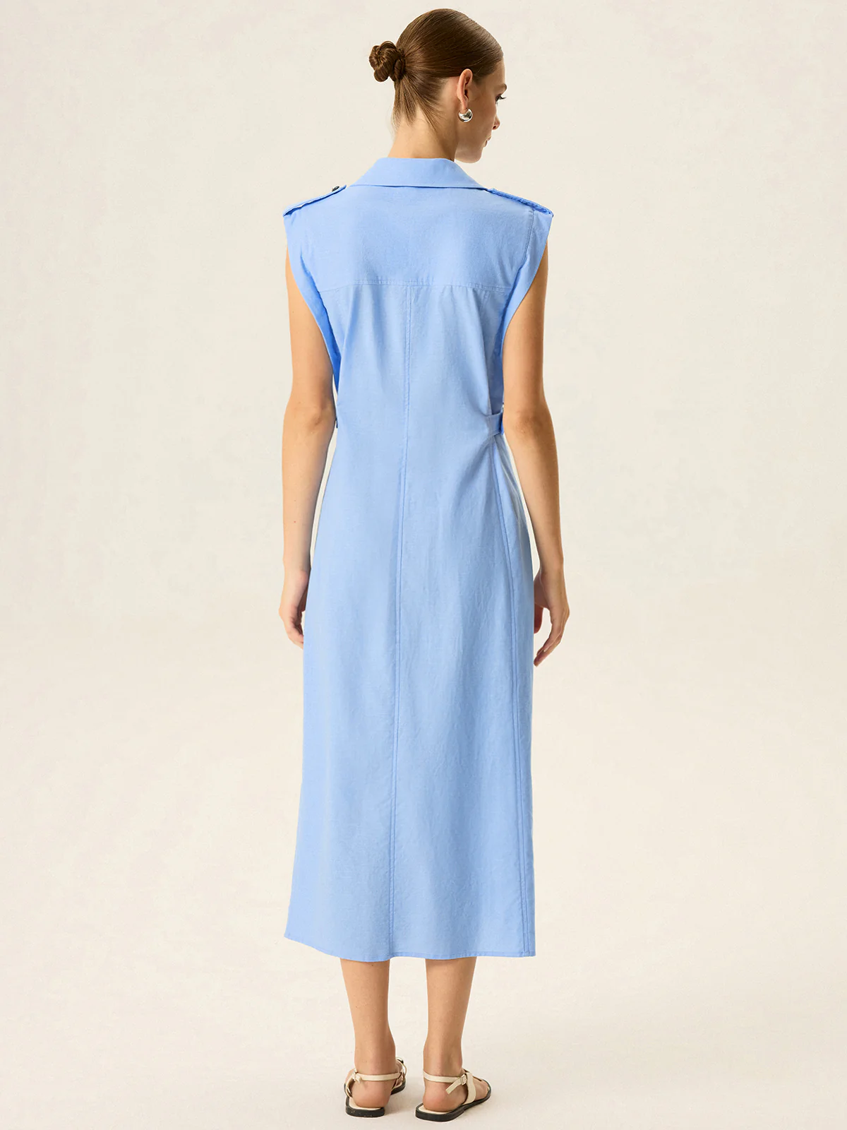 Linen & Cotton V-Neck Midi Dress with Metal Button - Wholesalesil