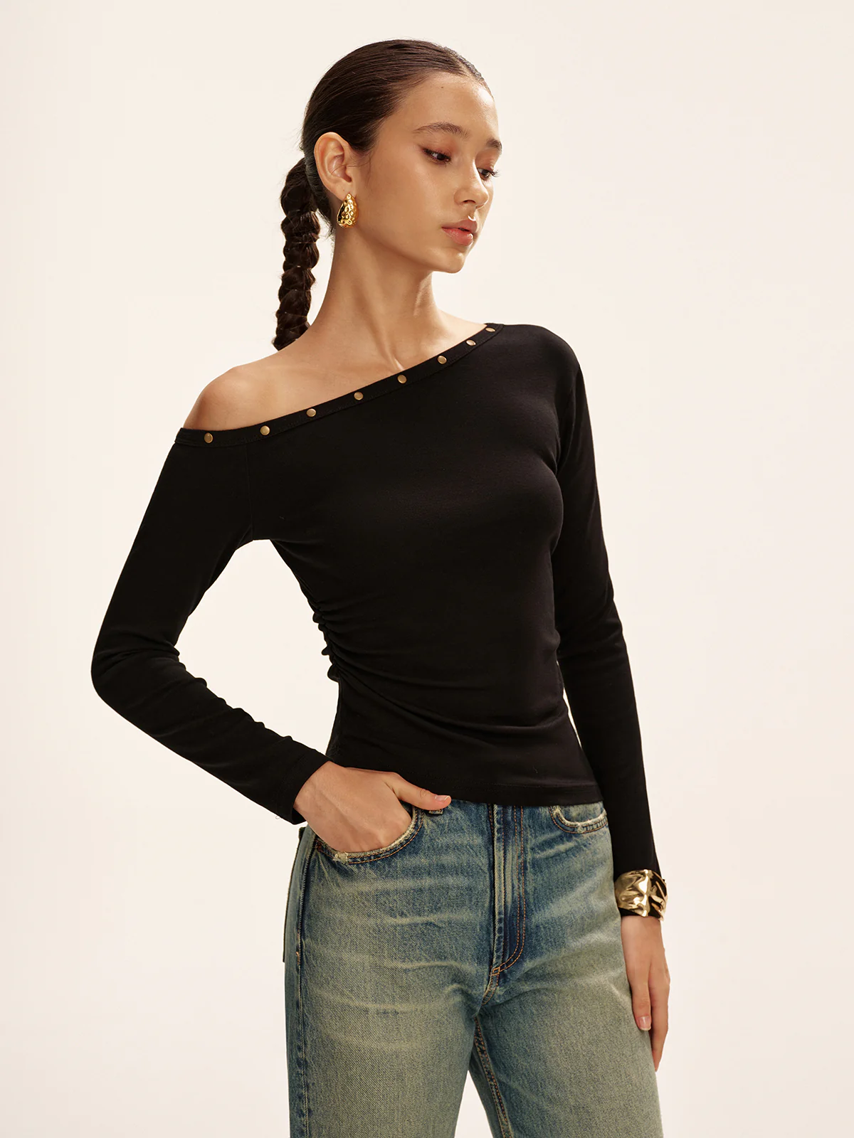 Studded Off Shoulder Long Sleeve T-Shirt - Wholesalesil