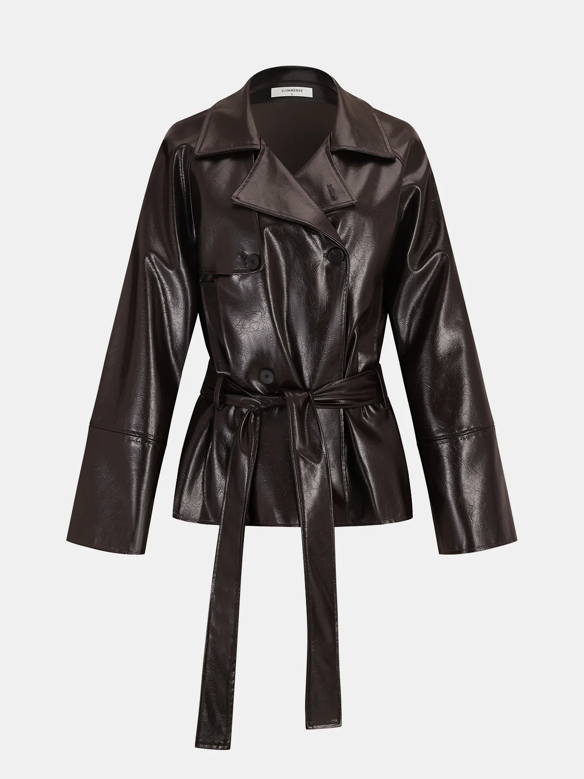 Belted Faux Leather Trench Coat - Wholesalesil