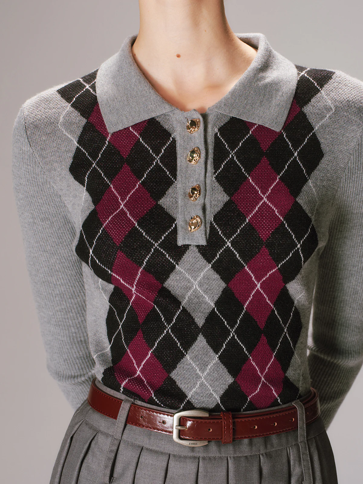 Argyle Wool-Blend Polo Knit Top - Wholesalesil