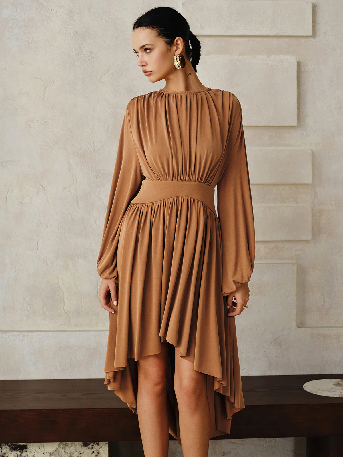 Long-Sleeve Pleated Asymmetric Midi Dress - Wholesalesil