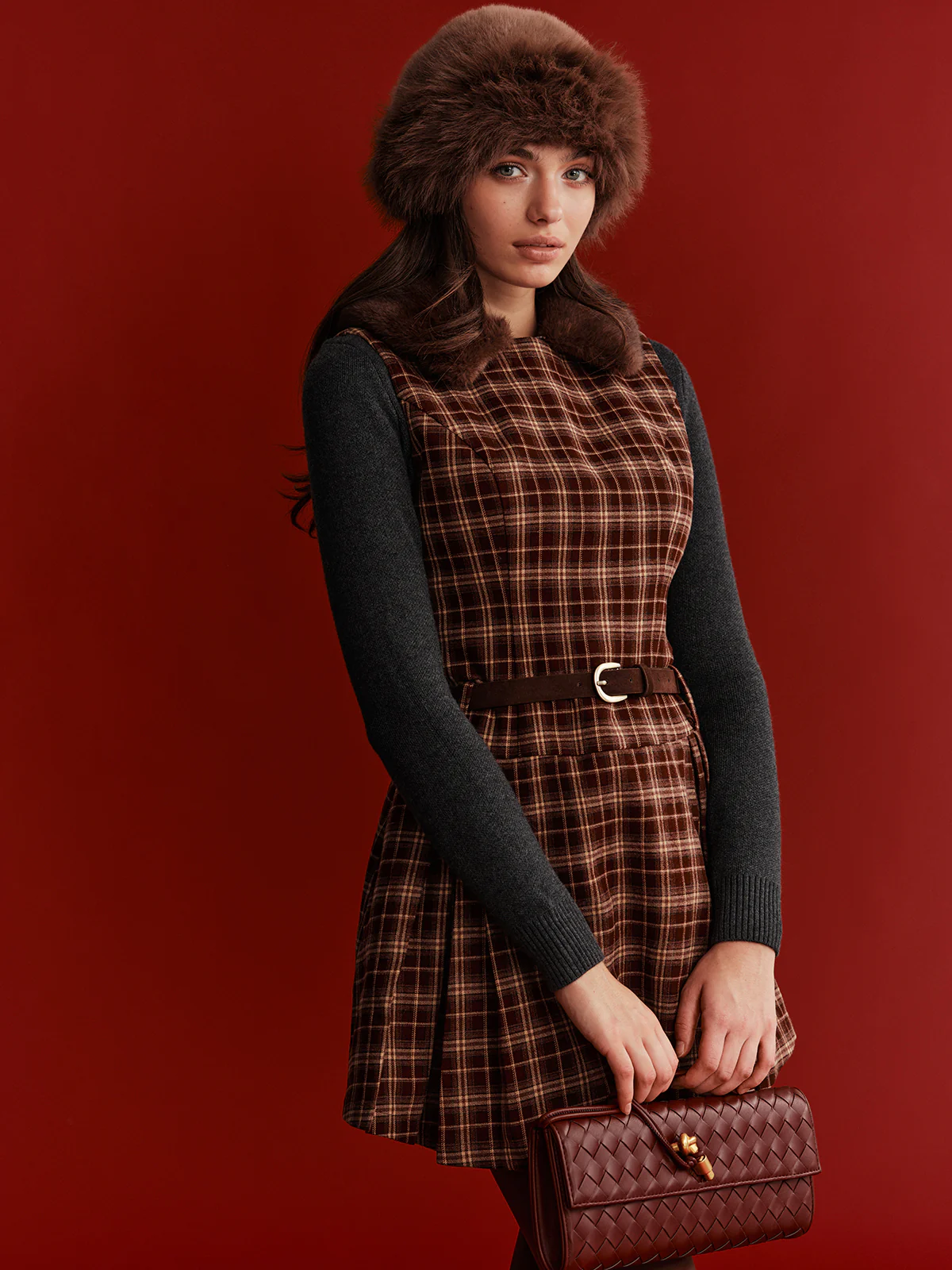 Belted Plaid Sleeveless Mini Dress - Wholesalesil