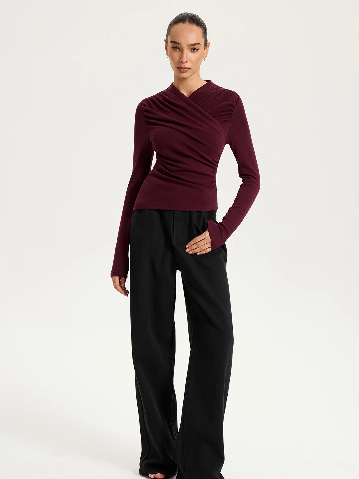 Cross Ruched Long Sleeve Top - Wholesalesil