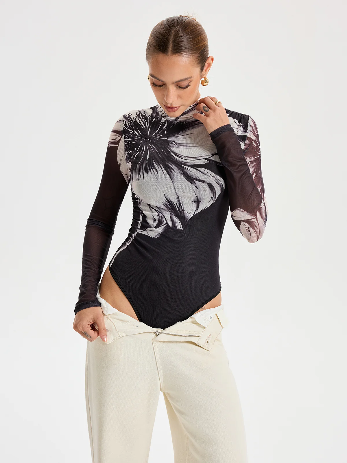 Floral Placement Print Mesh Bodysuit - Wholesalesil