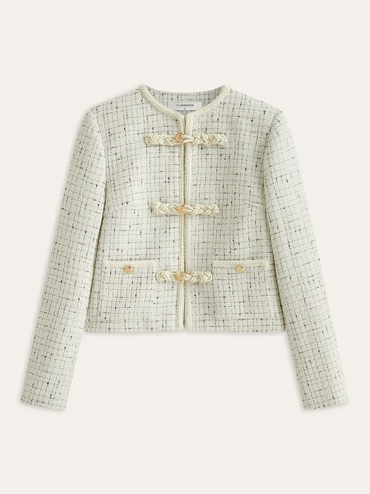 Metal Detail Knot Button Tweed Jacket - Wholesalesil