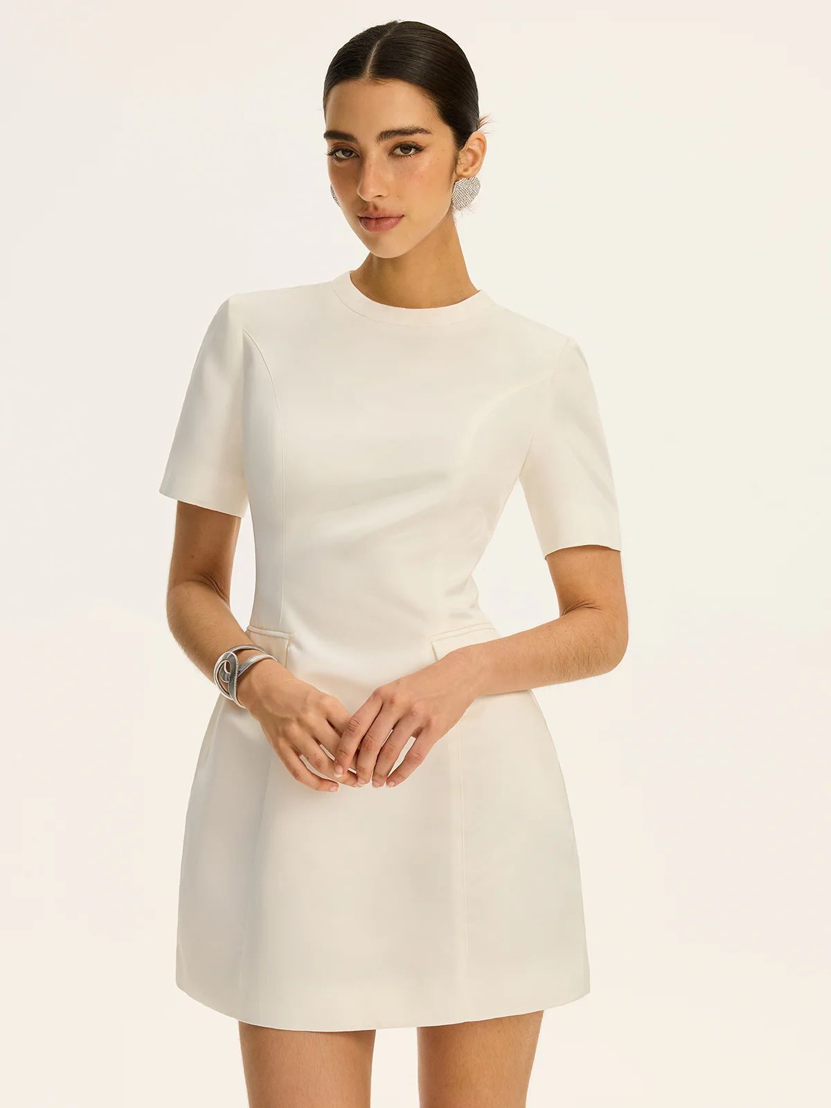 Short-Sleeved  Waist-Cinching Mini Dress with Decor Pockets - Wholesalesil