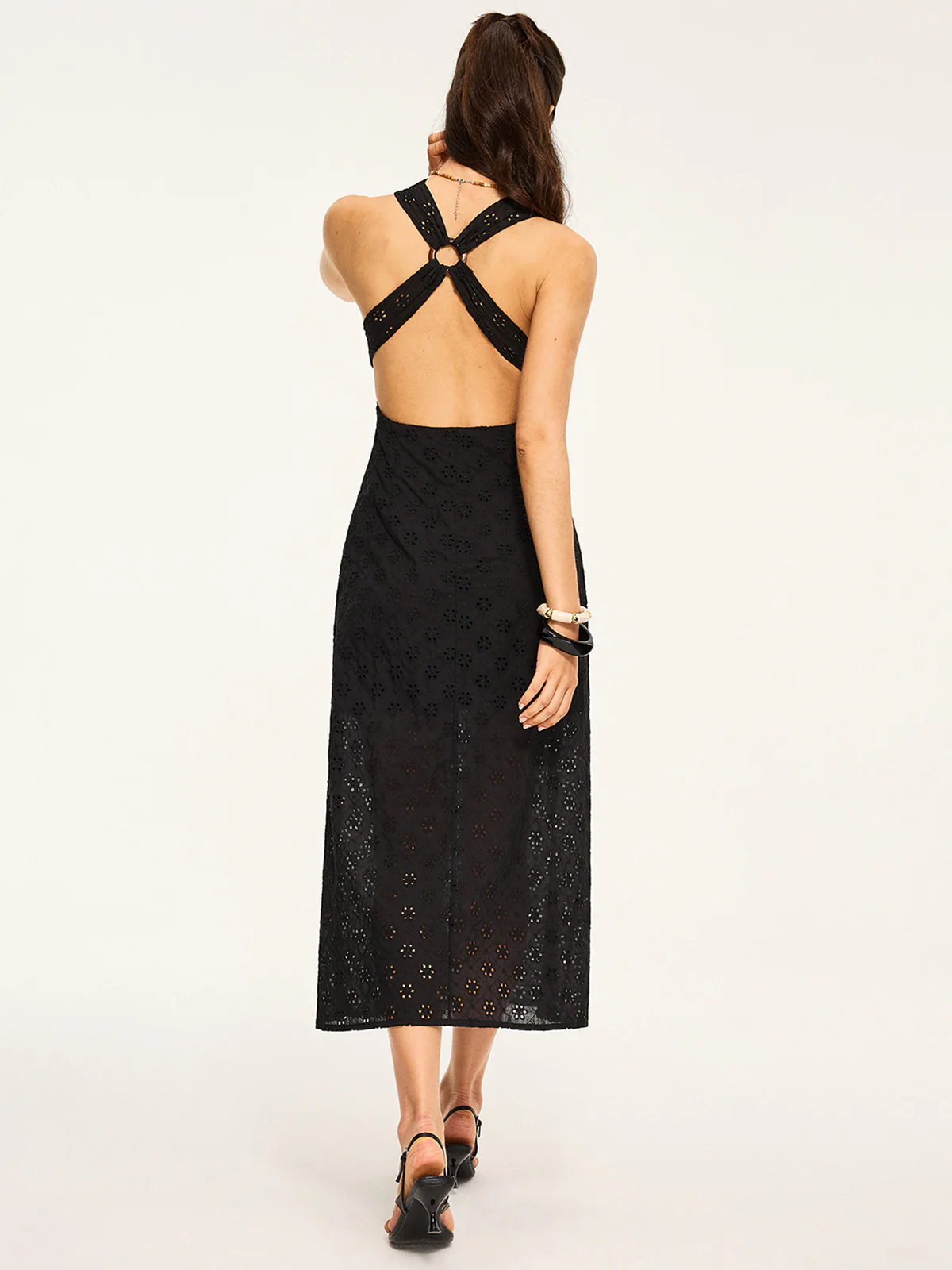 Semi-Sheer Eyelet Backless Criss-Cross Midi Dress - Wholesalesil