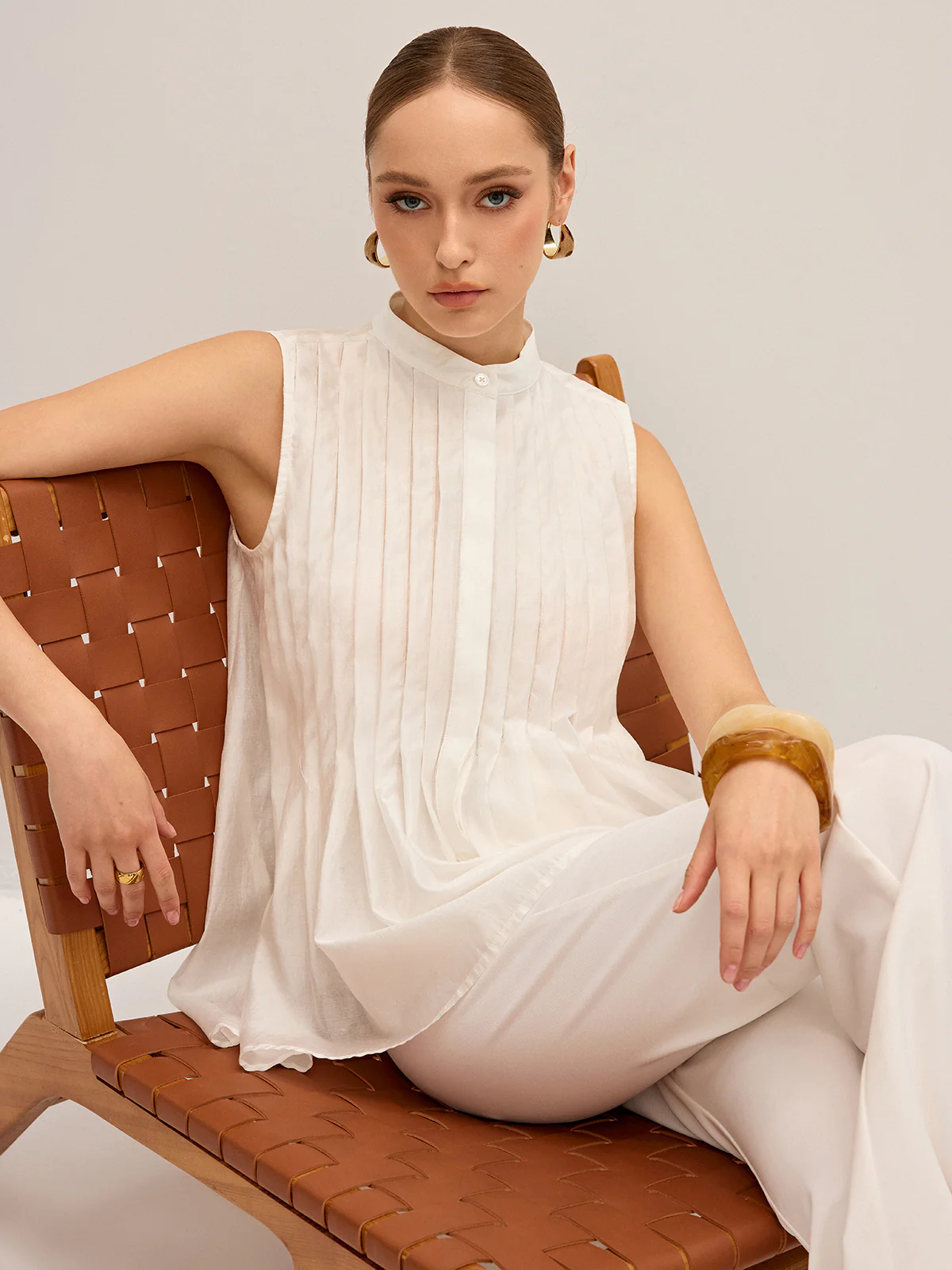 Semi-Sheer Pleated Mock Neck Blouse - Wholesalesil