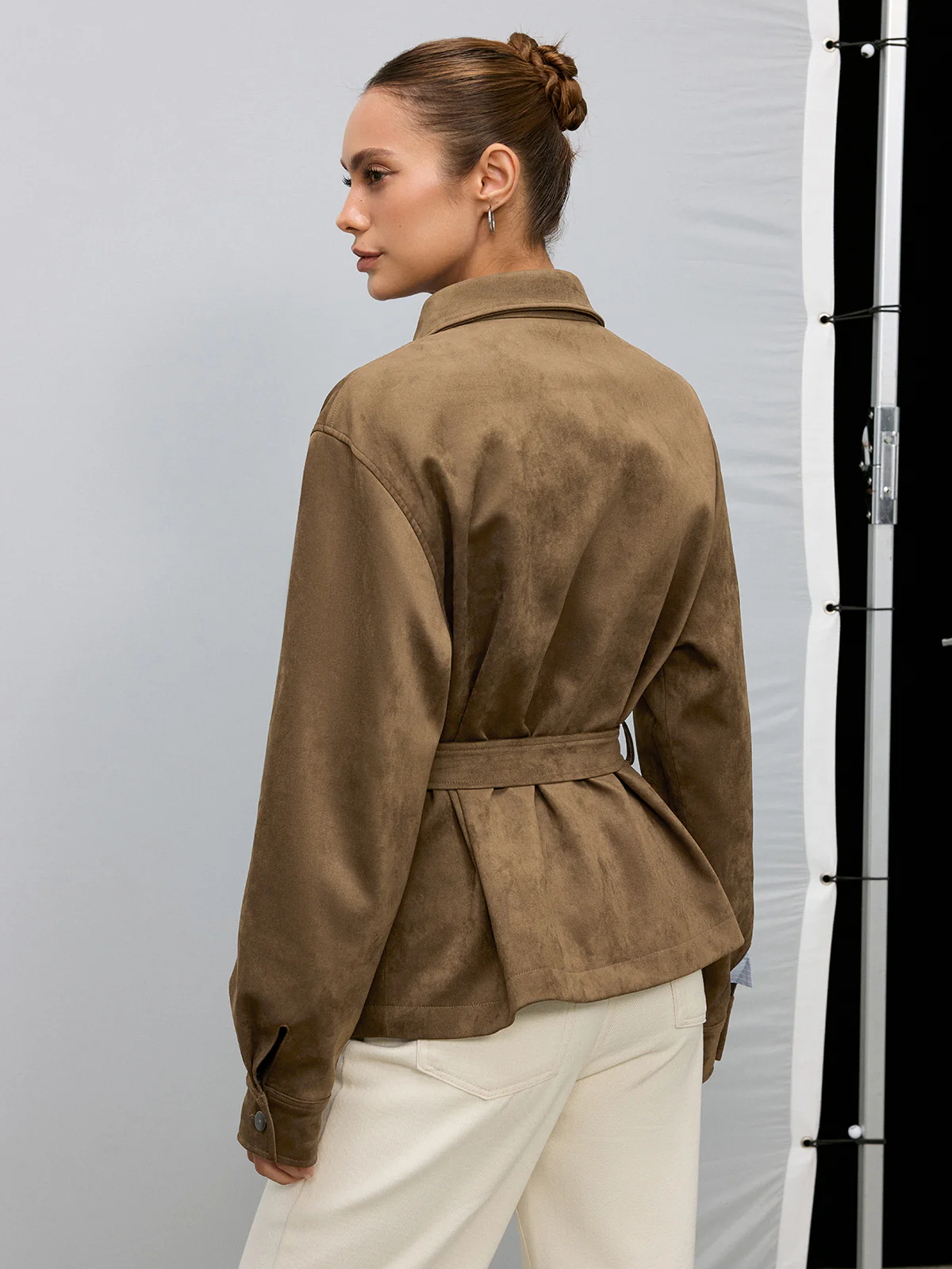 Belted Collared Suede Effect Jacket - Wholesalesil