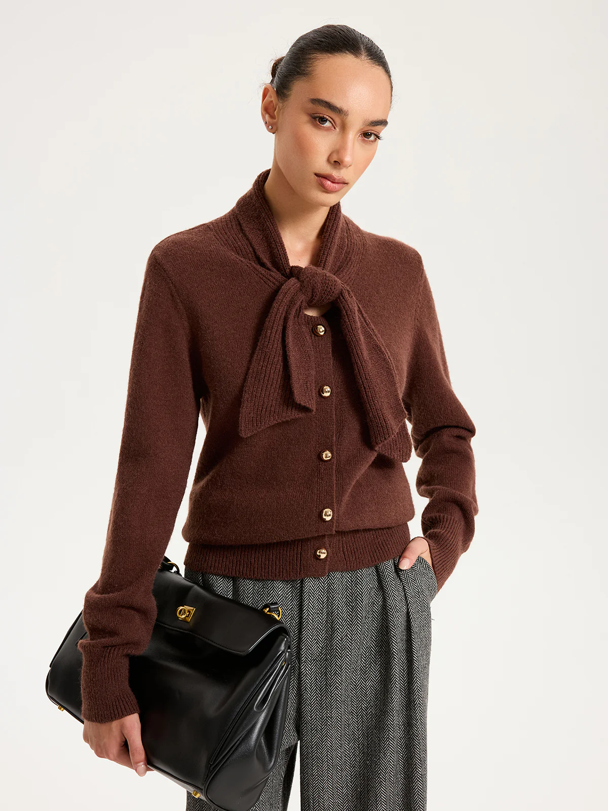 Tie-Neck Metal Button Knit Cardigan - Wholesalesil