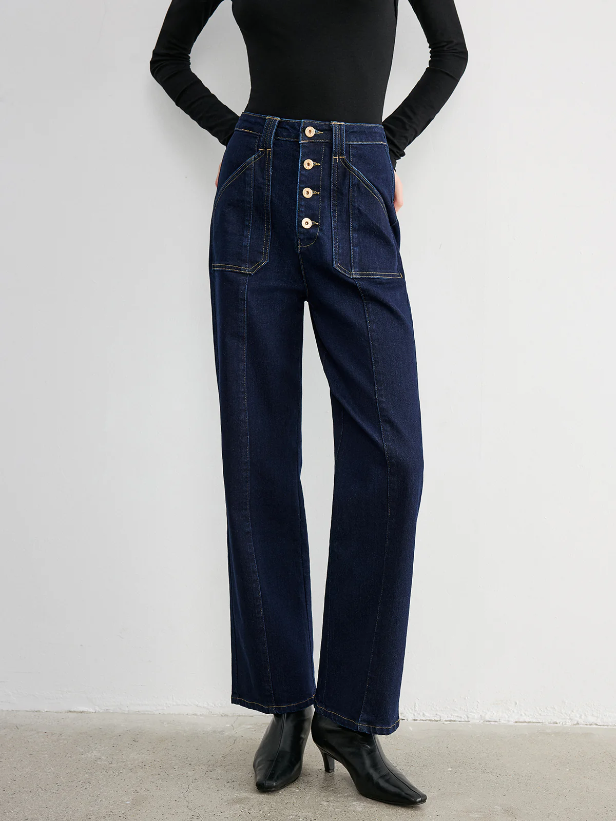 Button Placket High-Waist Straight-Leg Jeans - Wholesalesil