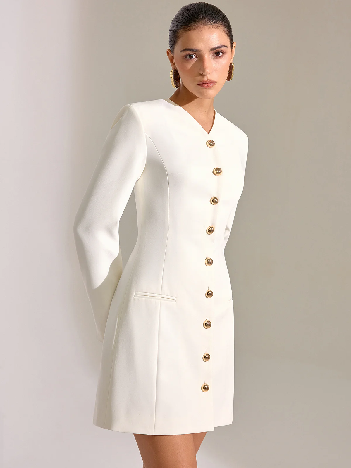 Metal Button-Front V-Neck Mini Dress - Wholesalesil