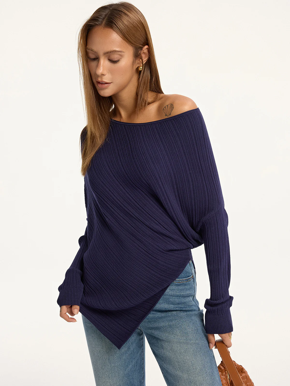 Textured Off-Shoulder Asymmetric Sweater - Wholesalesil