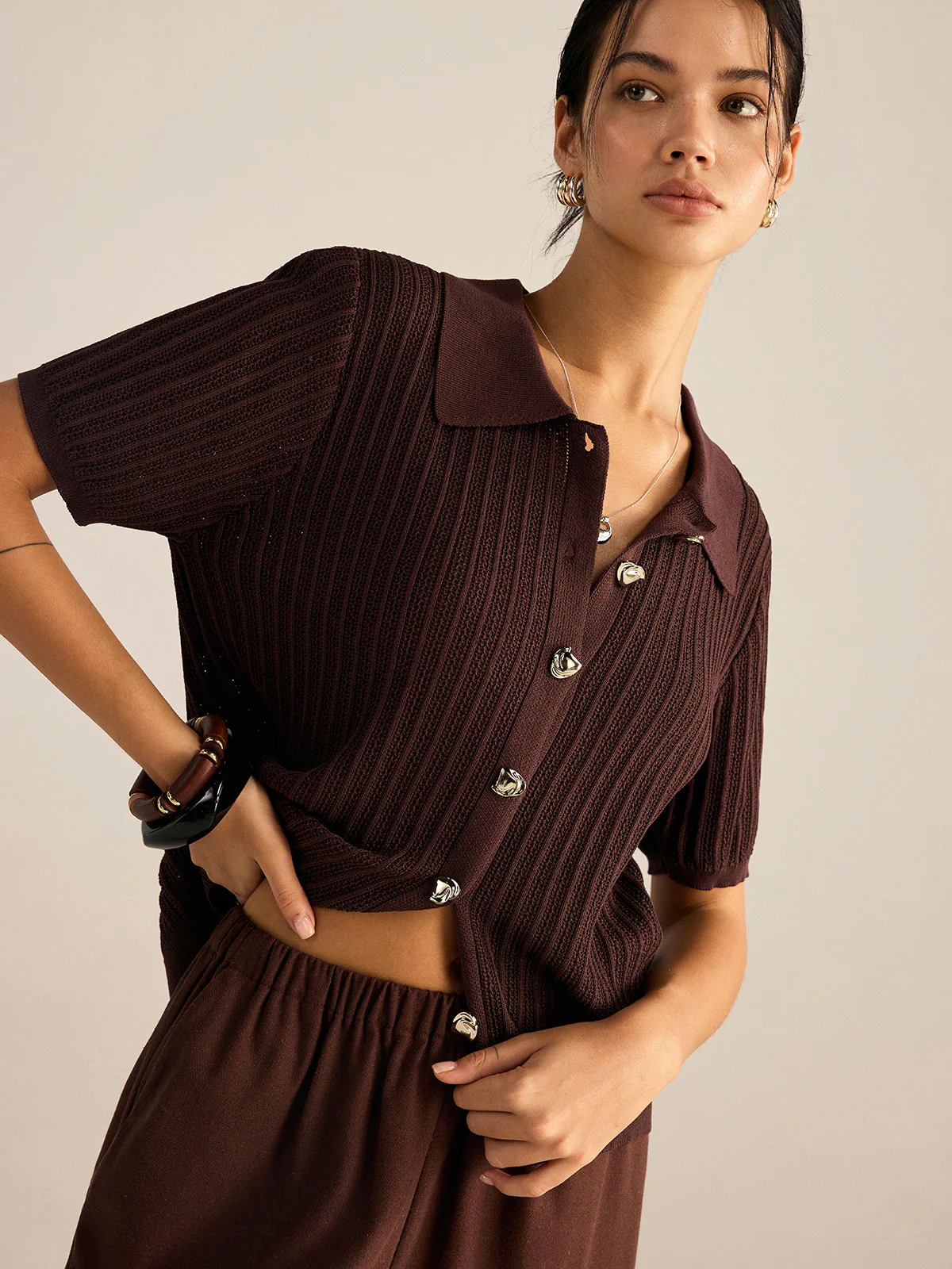 Ribbed Knit Polo-Collar Cardigan - Wholesalesil