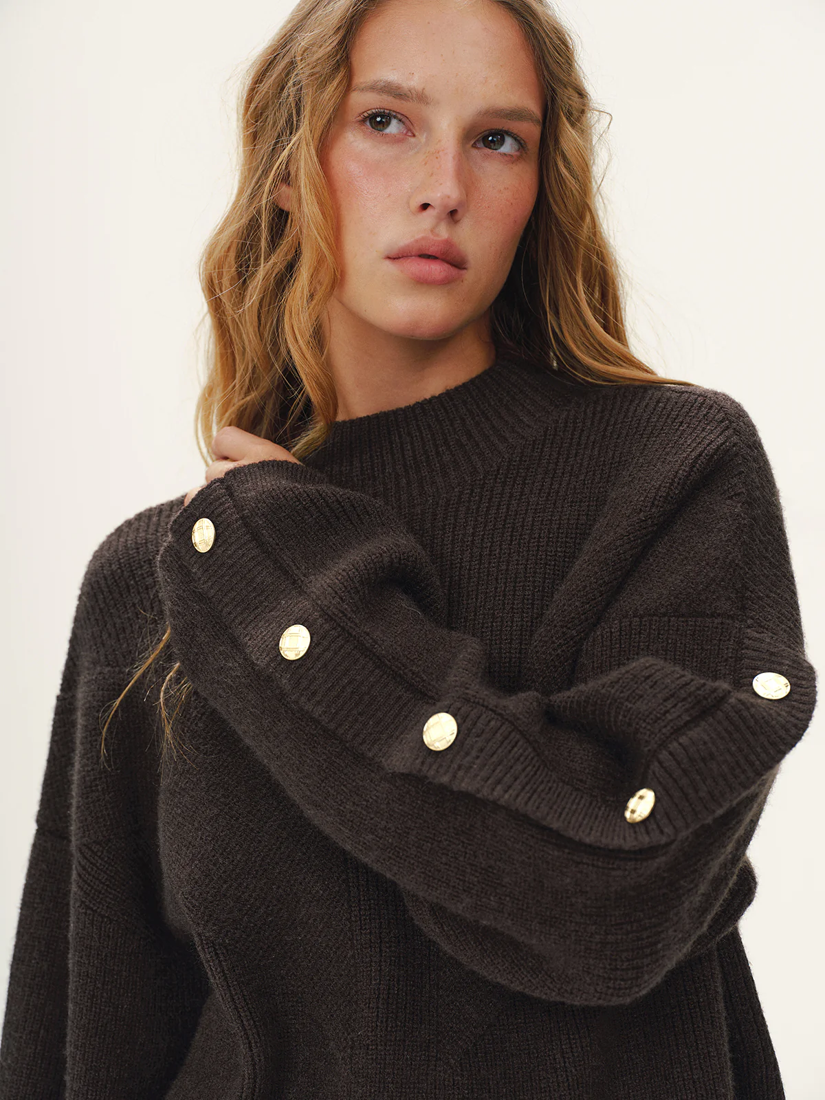 Button Detail Mock Neck Knit Sweater - Wholesalesil