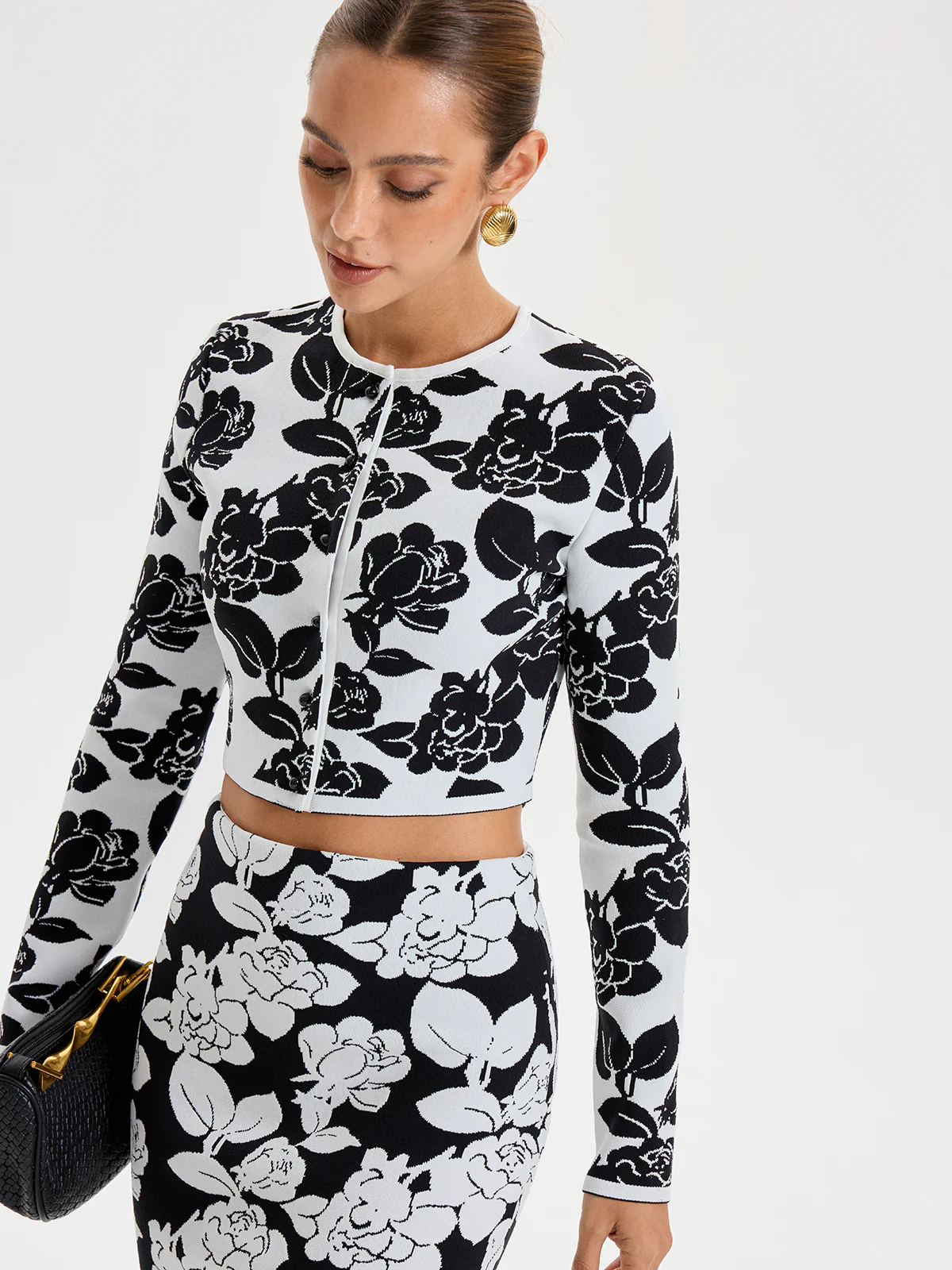Floral Pattern Crop Cardigan - Wholesalesil