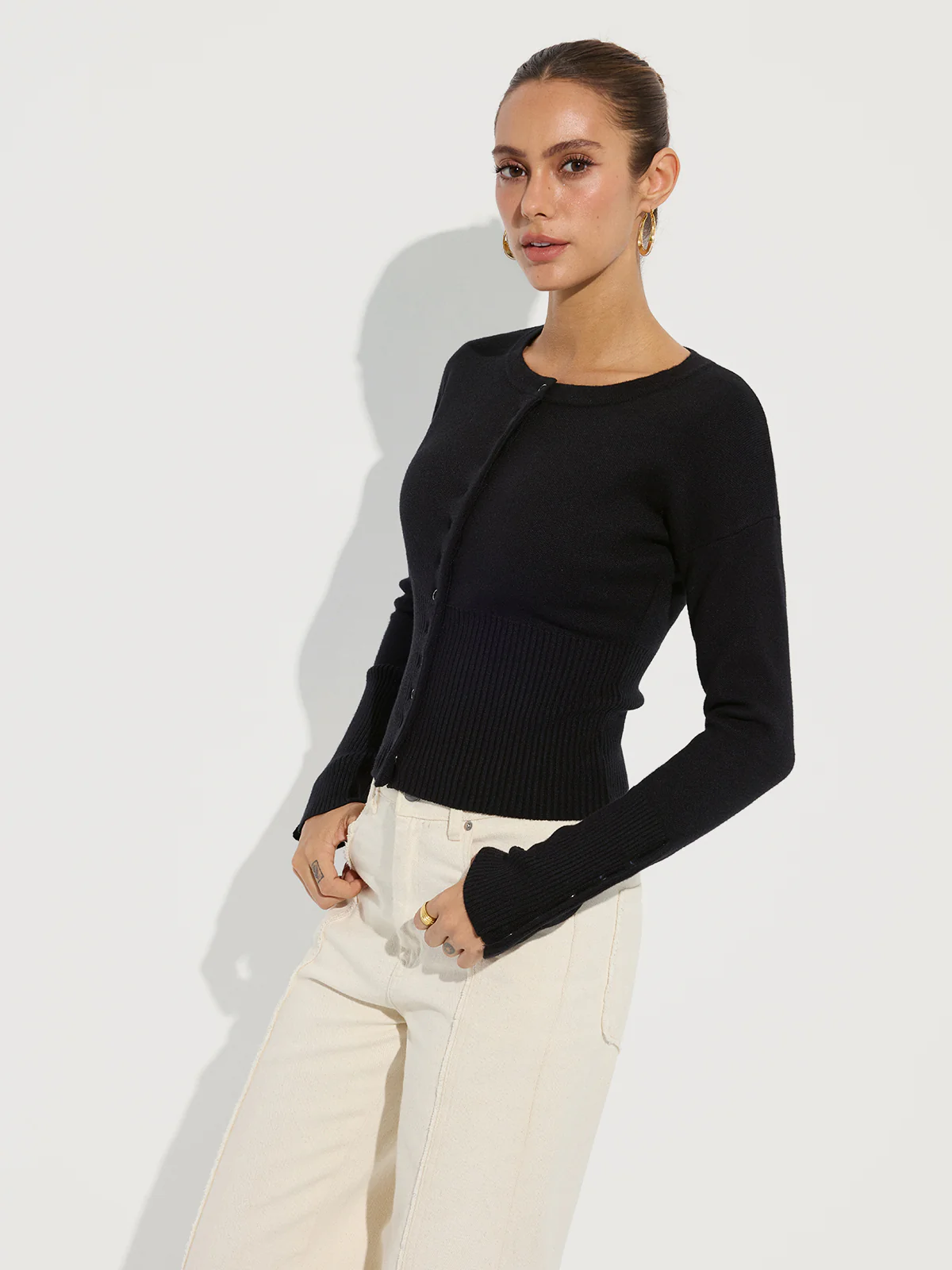 Cinched Waist Crew Neck Knit Cardigan - Wholesalesil