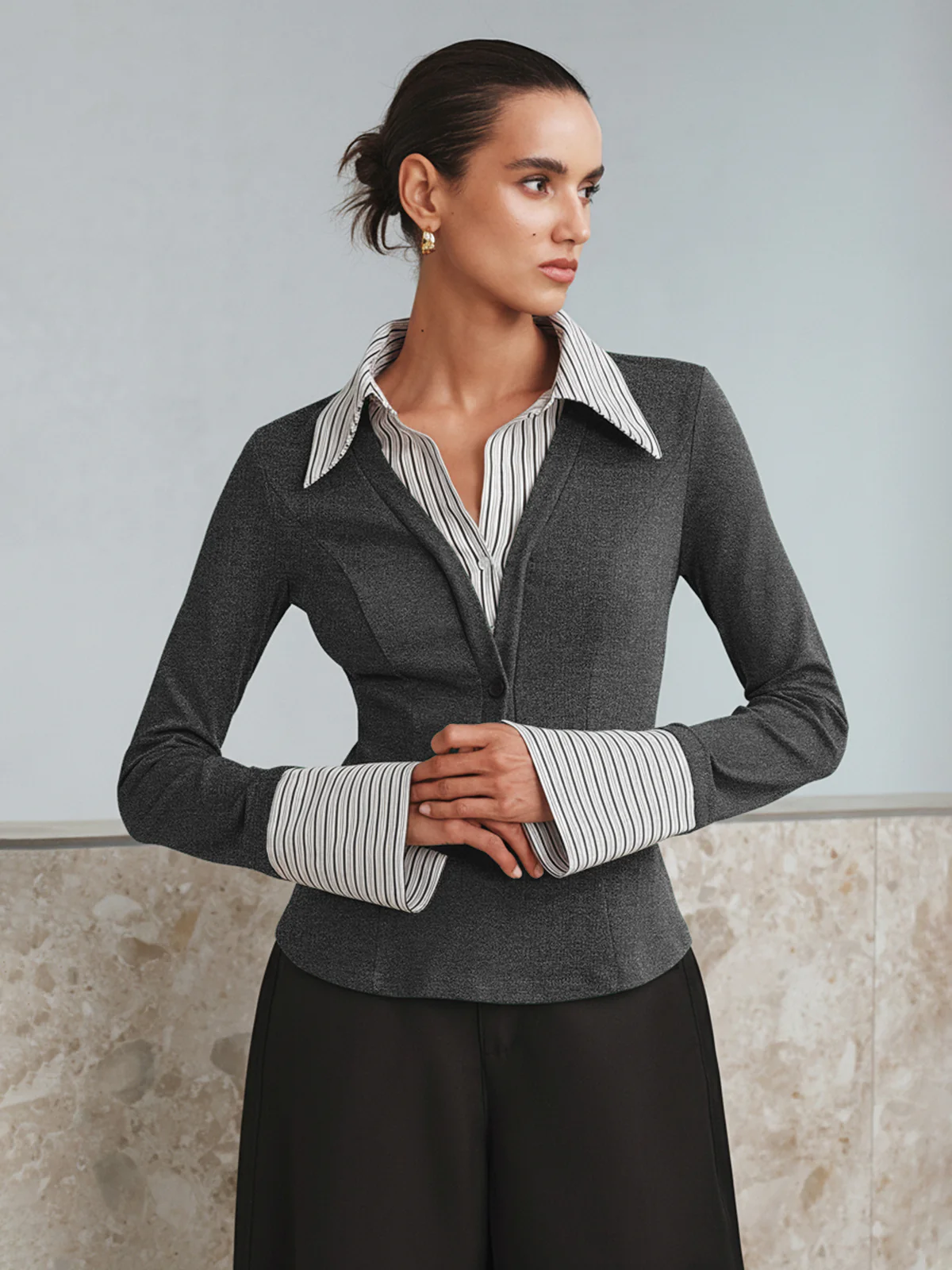 Mock Two-Piece Long-Sleeve Two Tone Polo Top - Wholesalesil