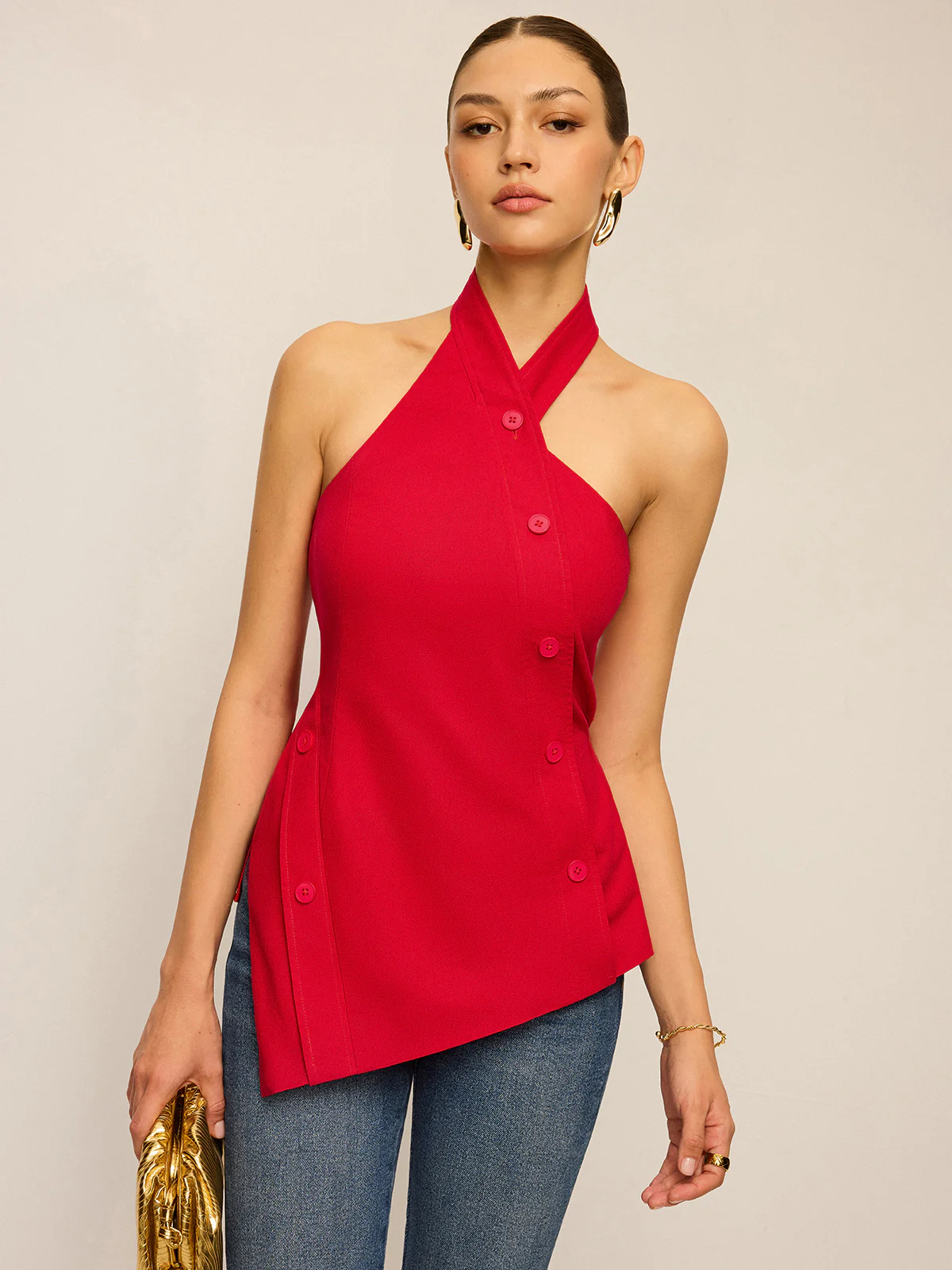 Asymmetric Halter Neck Button Top - Wholesalesil