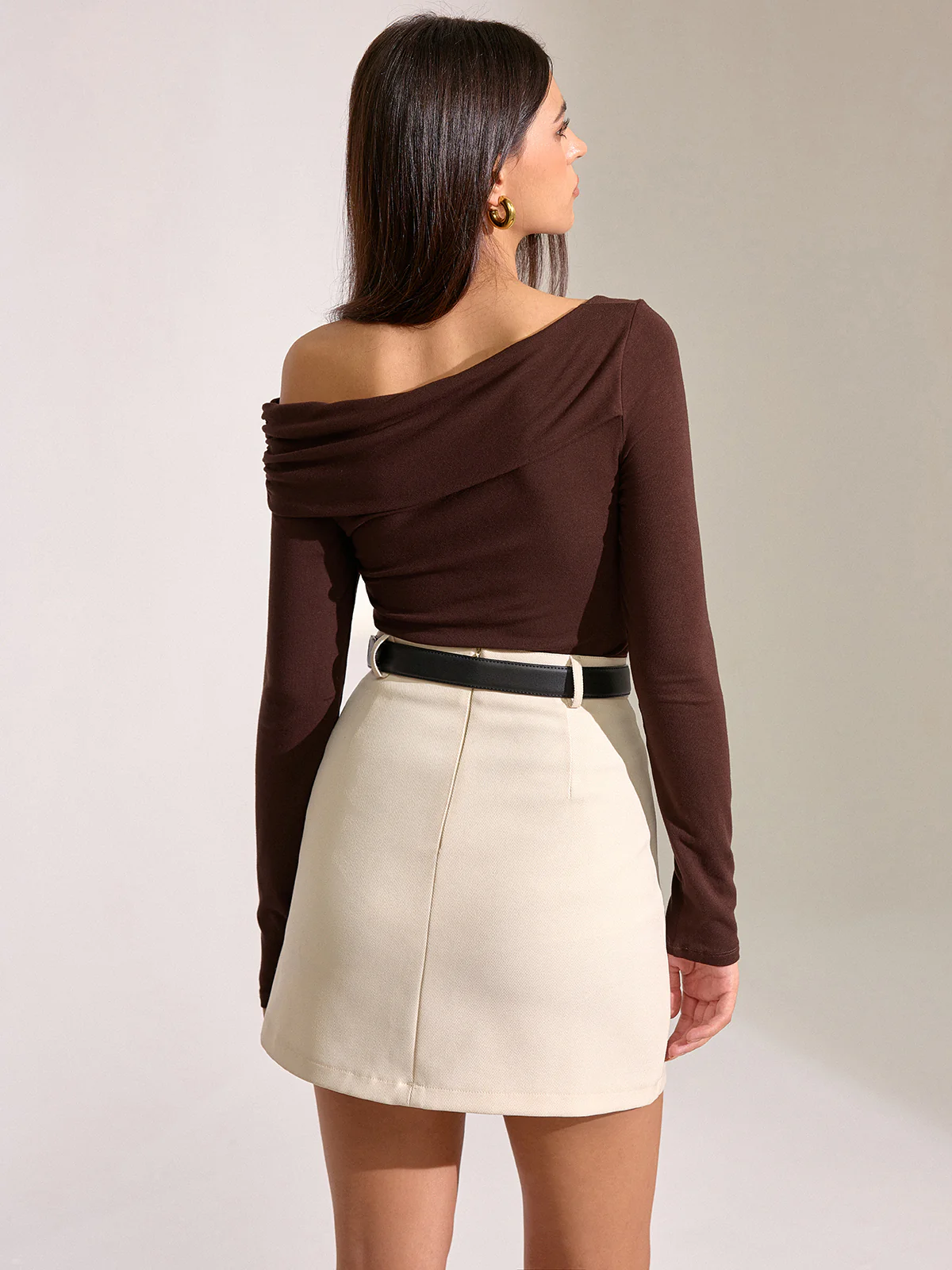 Metal Detail Off-Shoulder Long Sleeve T-Shirt - Wholesalesil