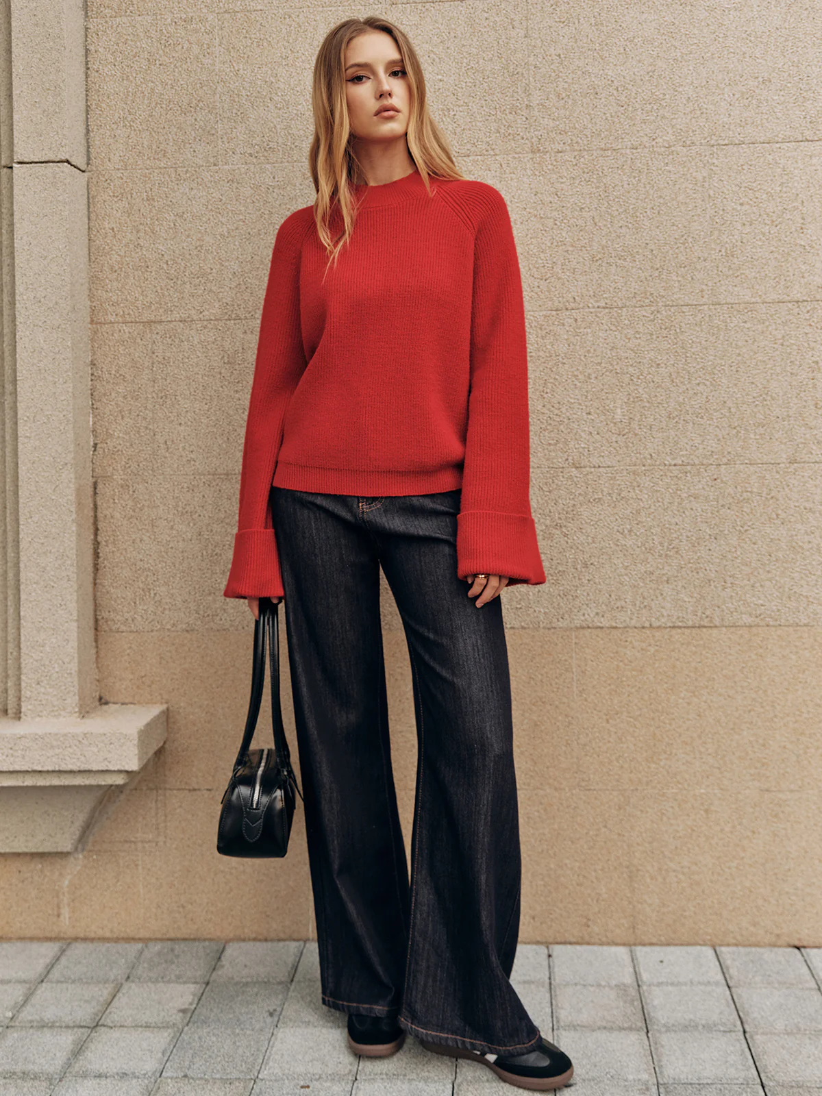 Cuffed Sleeve Oversized Sweater - Wholesalesil