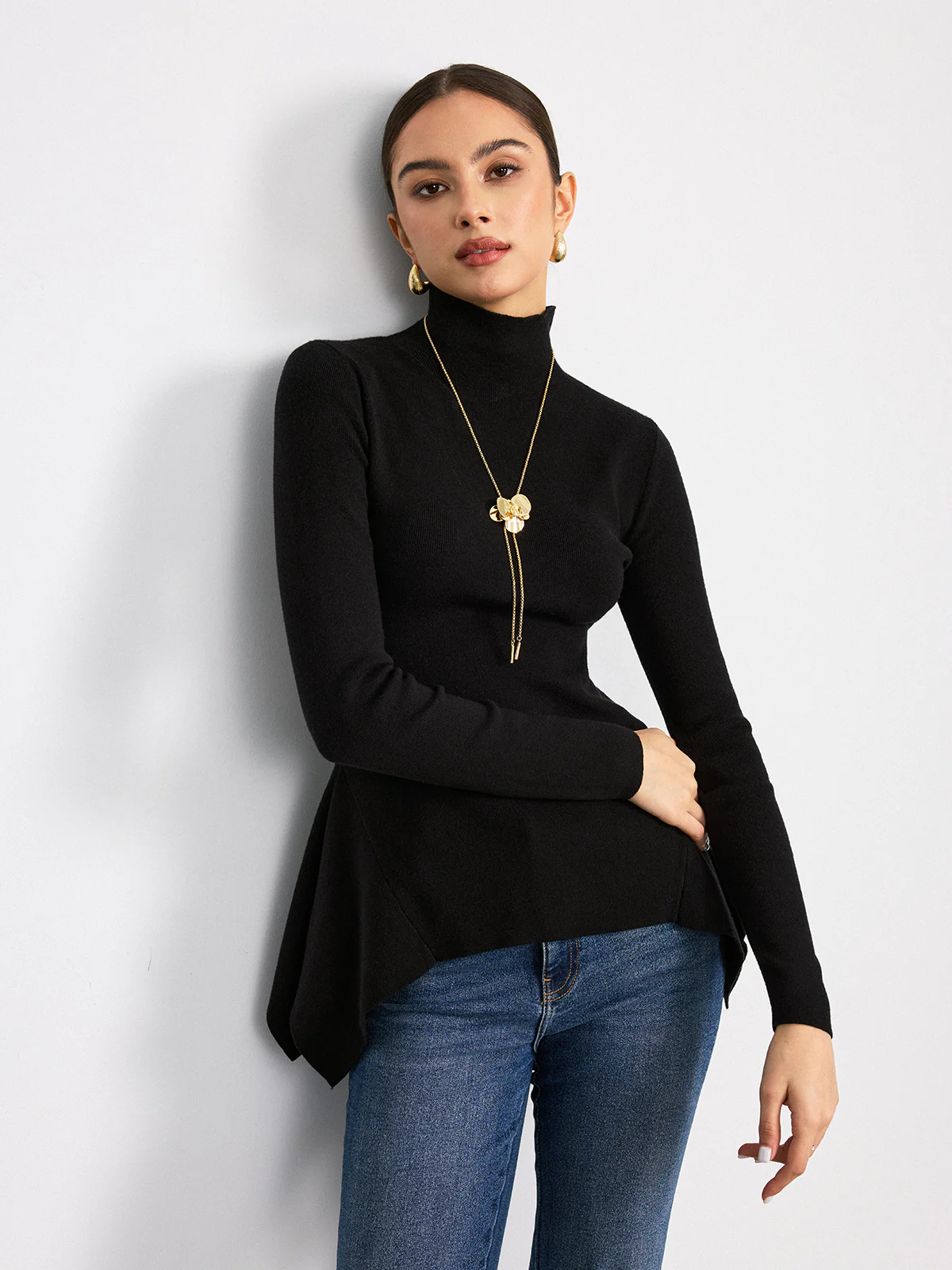 Turtleneck Asymmetric Peplum Sweater - Wholesalesil