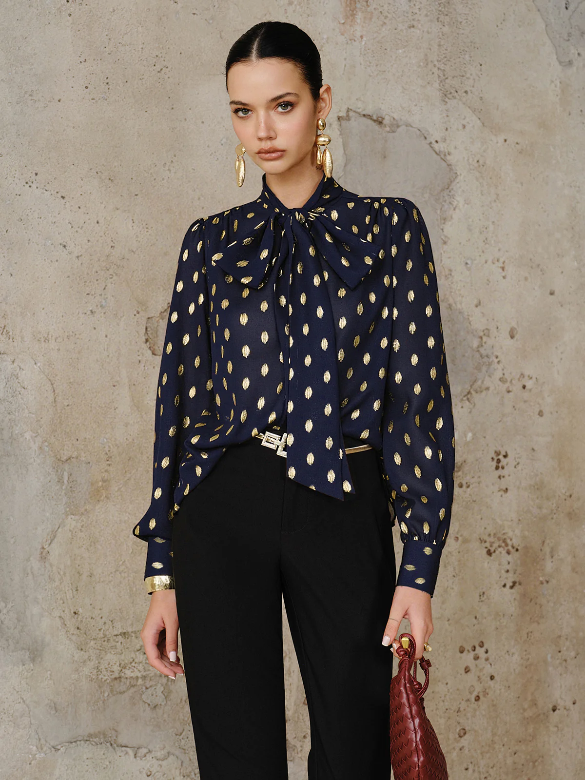 Polka Dot Bow Neckline Semi-Sheer Blouse - Wholesalesil