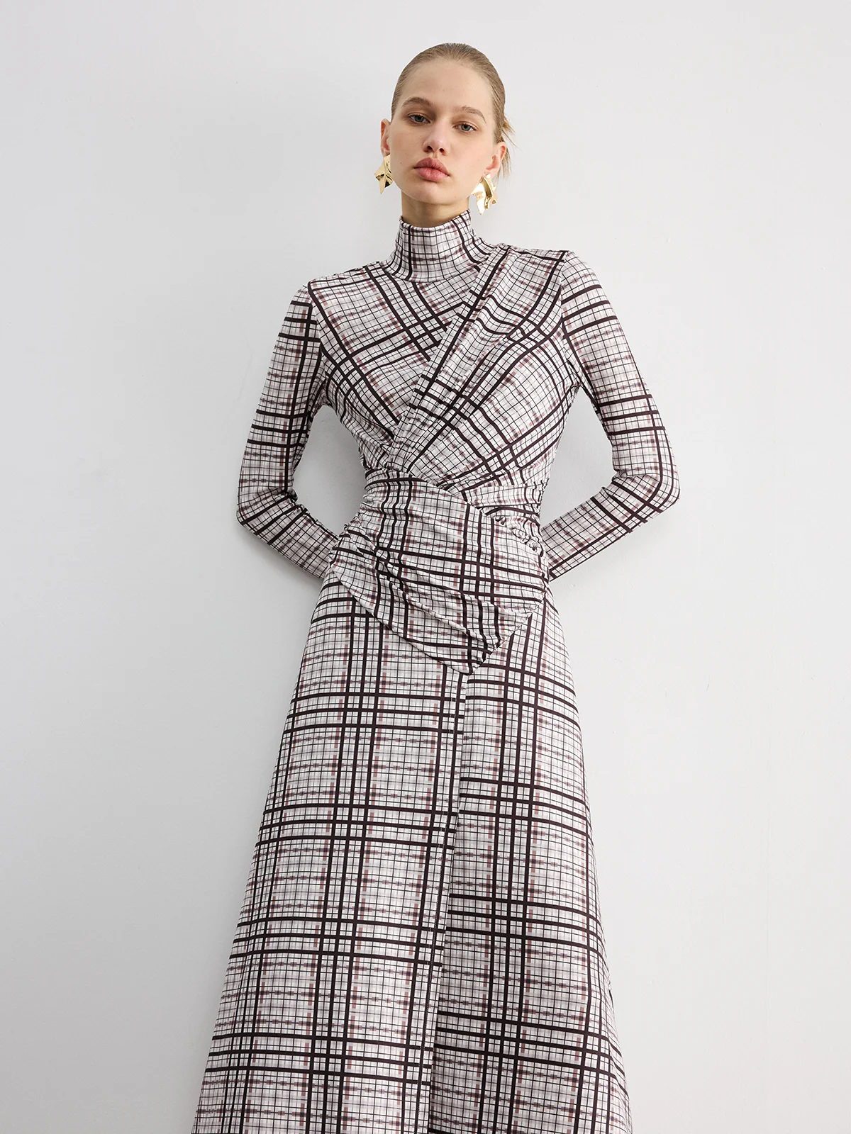 Checked Long-Sleeve Mock Neck Maxi Dress - Wholesalesil