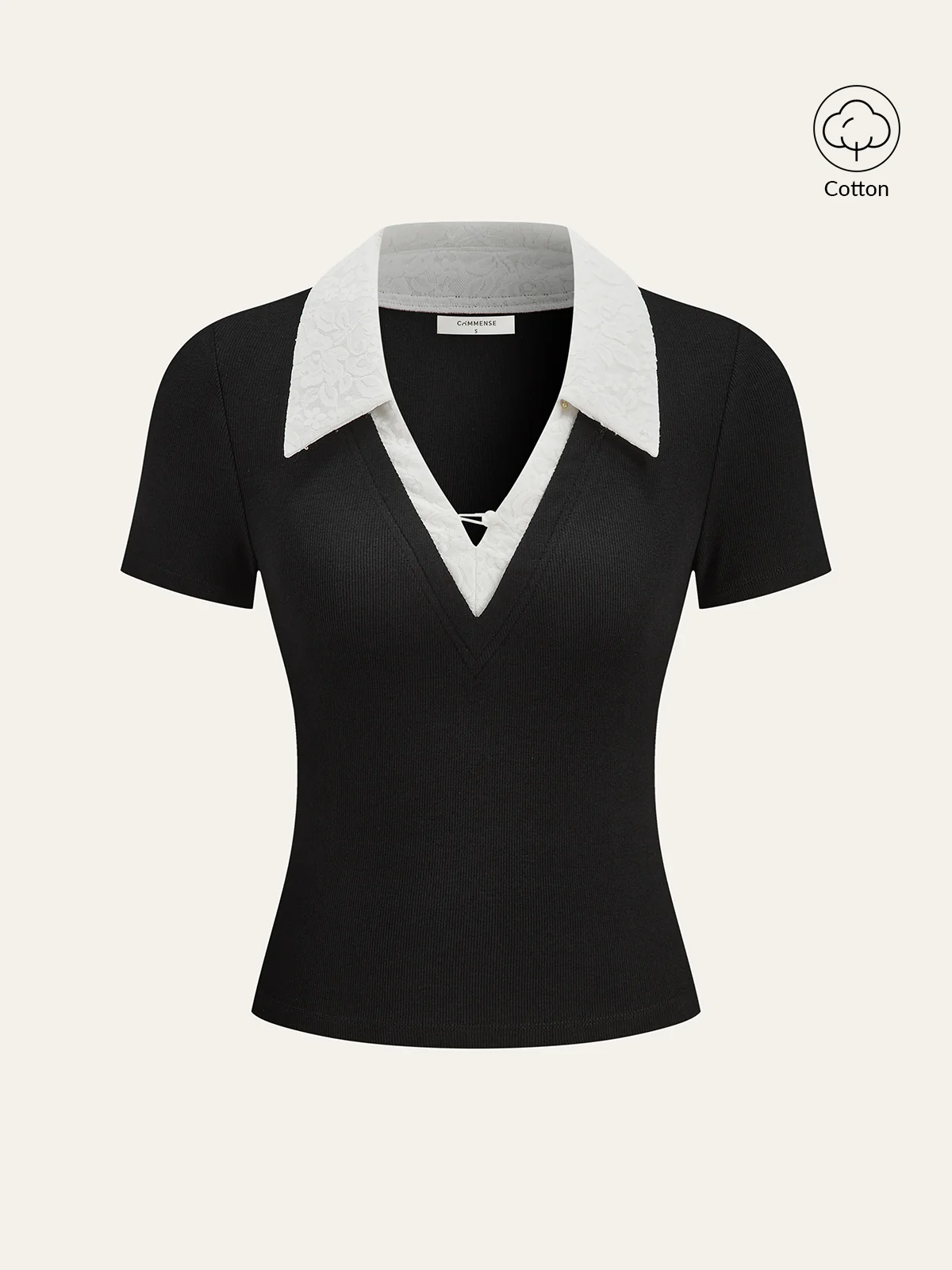 Contrast Lace Collar Cotton Blend T-Shirt - Wholesalesil