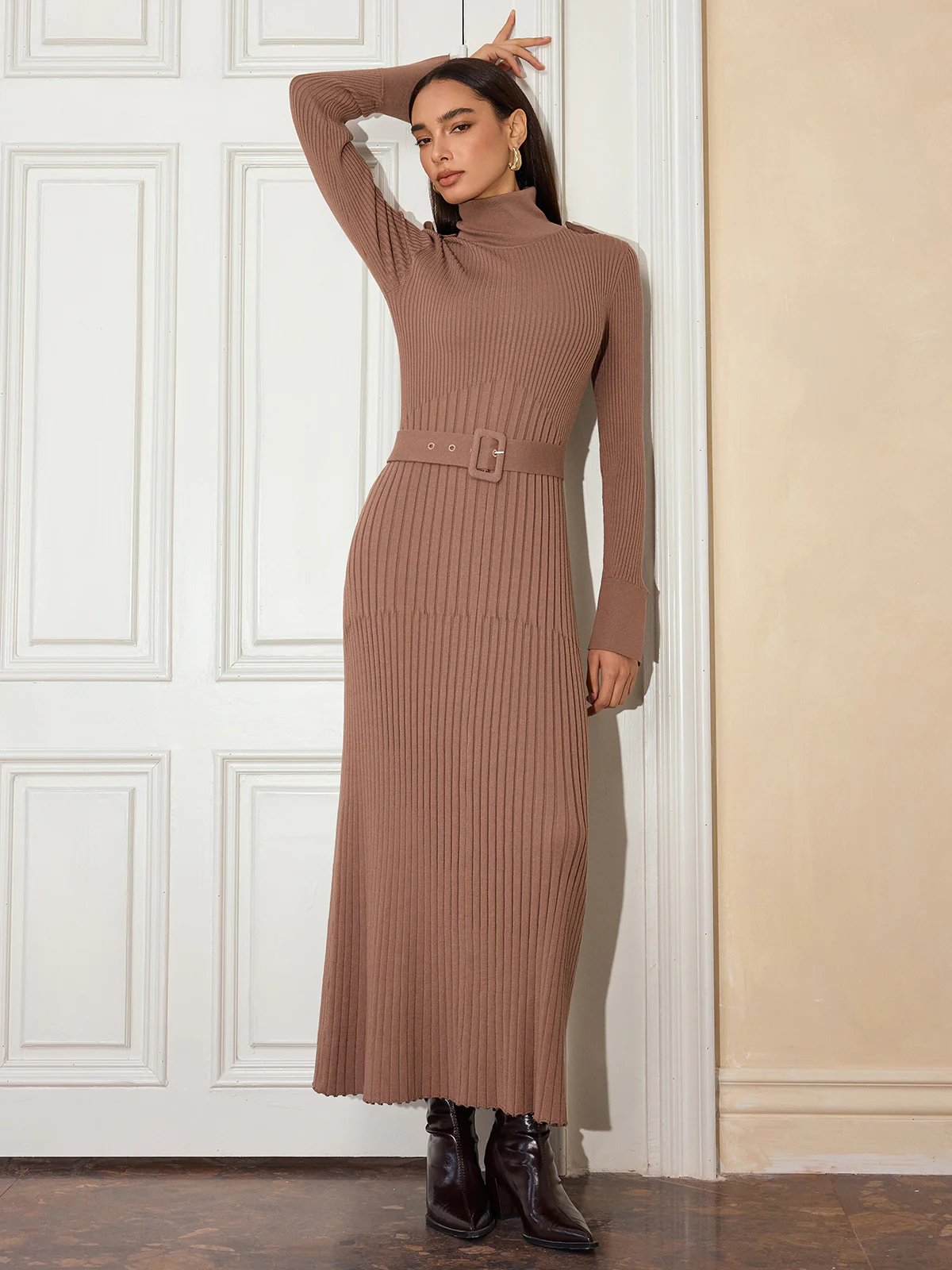 Belted Flared Cuff Turtleneck Maxi Dress - Wholesalesil